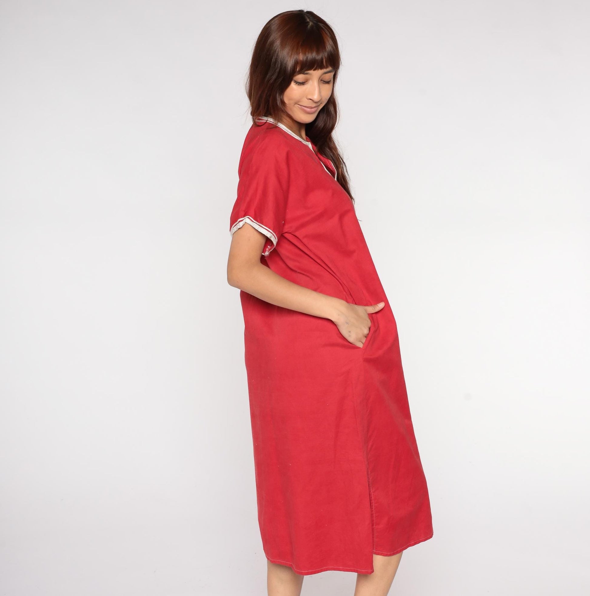 80s Red Kaftan Dress Cotton Blend V-Neck Jellyfish Embroidered Midi Medium M