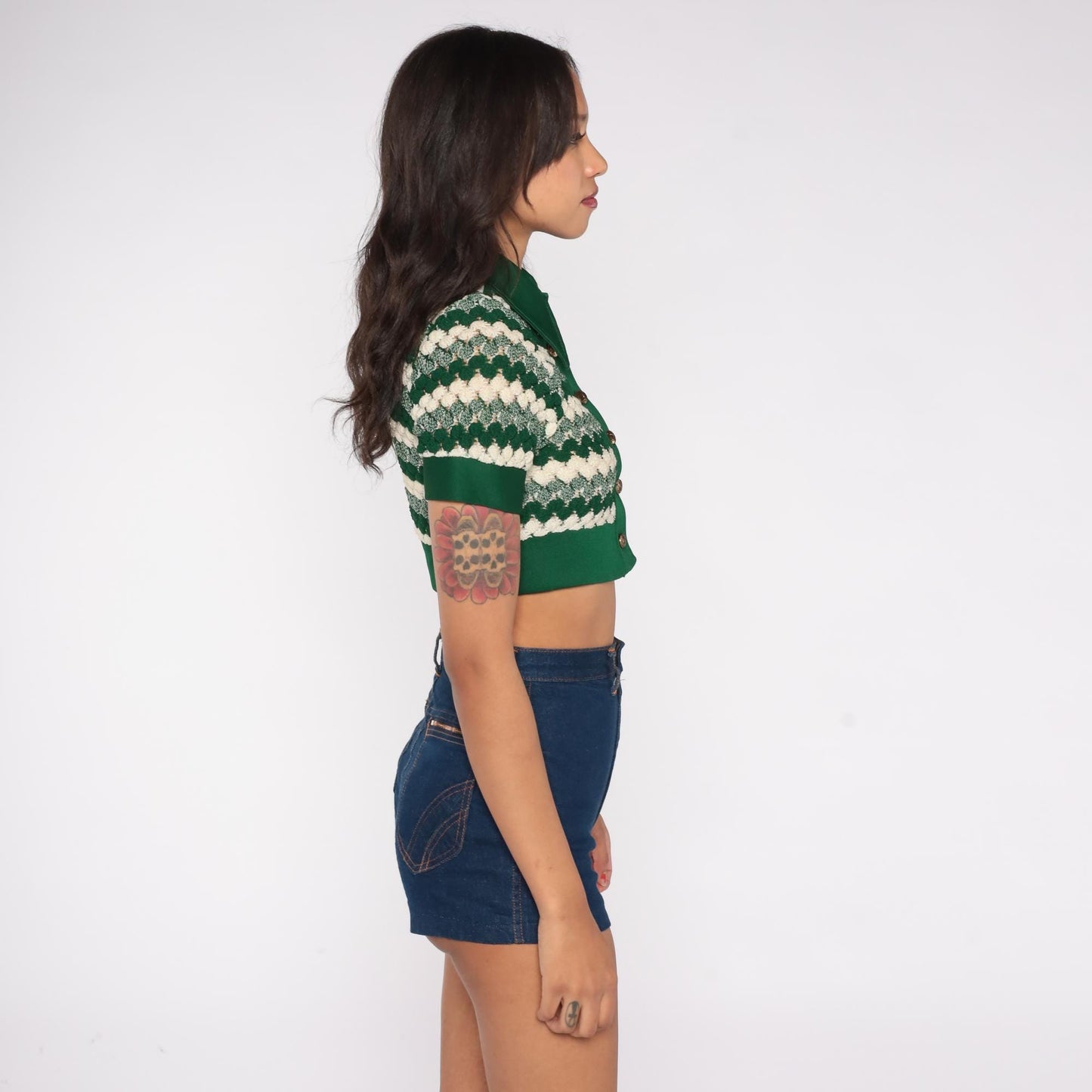 70s Emerald Green Chevron Knit Crop Cardigan Button Front Short Sleeve XS