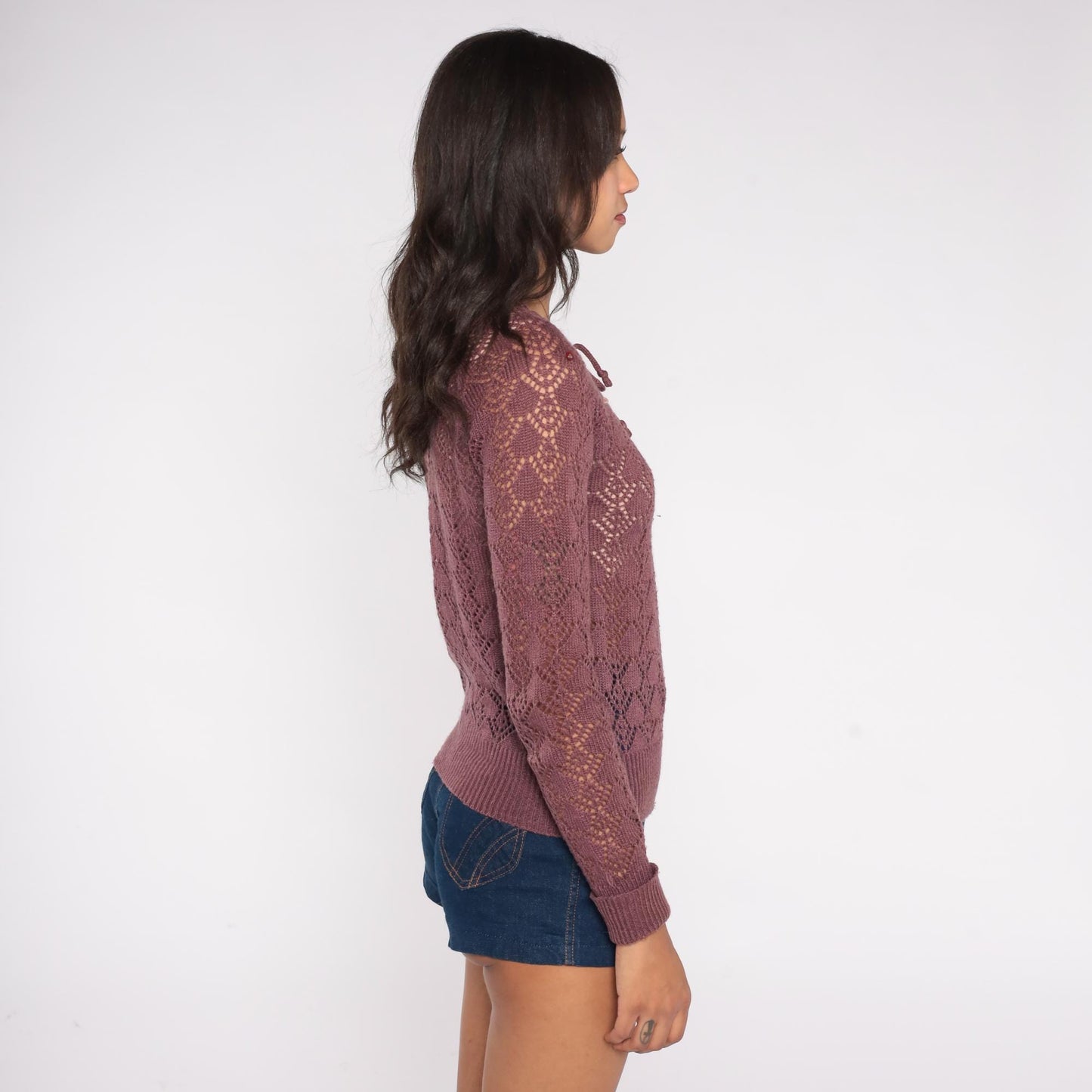 80s Purple Mauve Open Knit Crochet Pullover Scalloped Neckline Small S