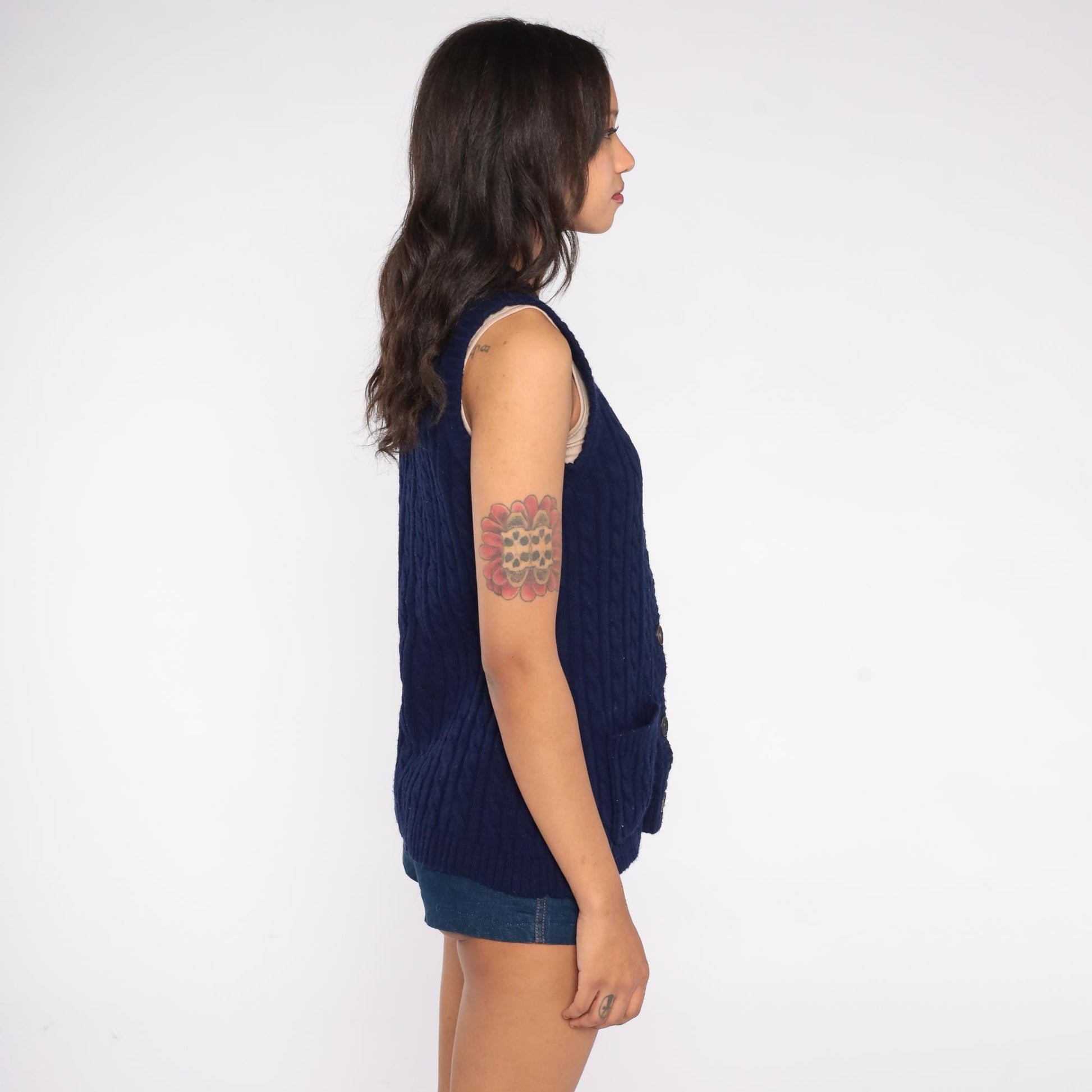 70s Dayne Taylor Navy Cable Knit Sweater Vest V-Neck Pockets Medium