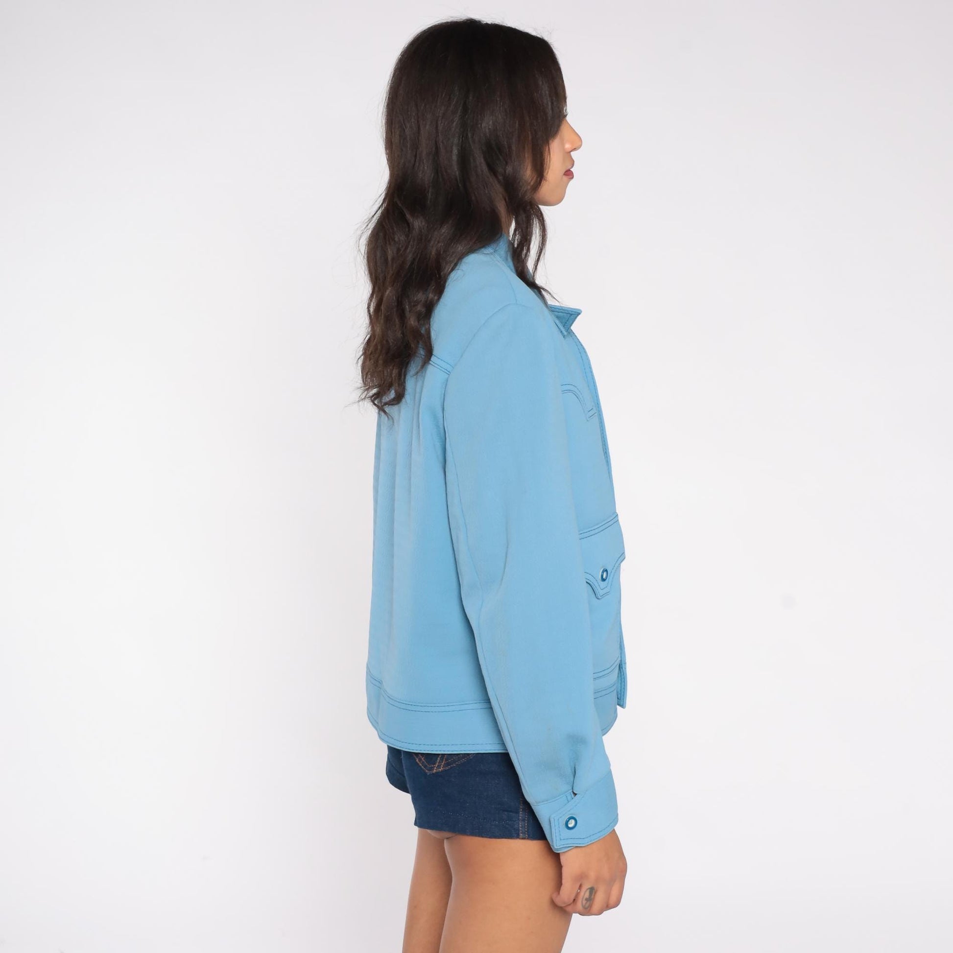 70s Light Blue Western Jacket Scalloped Yoke Stitch Detail Medium