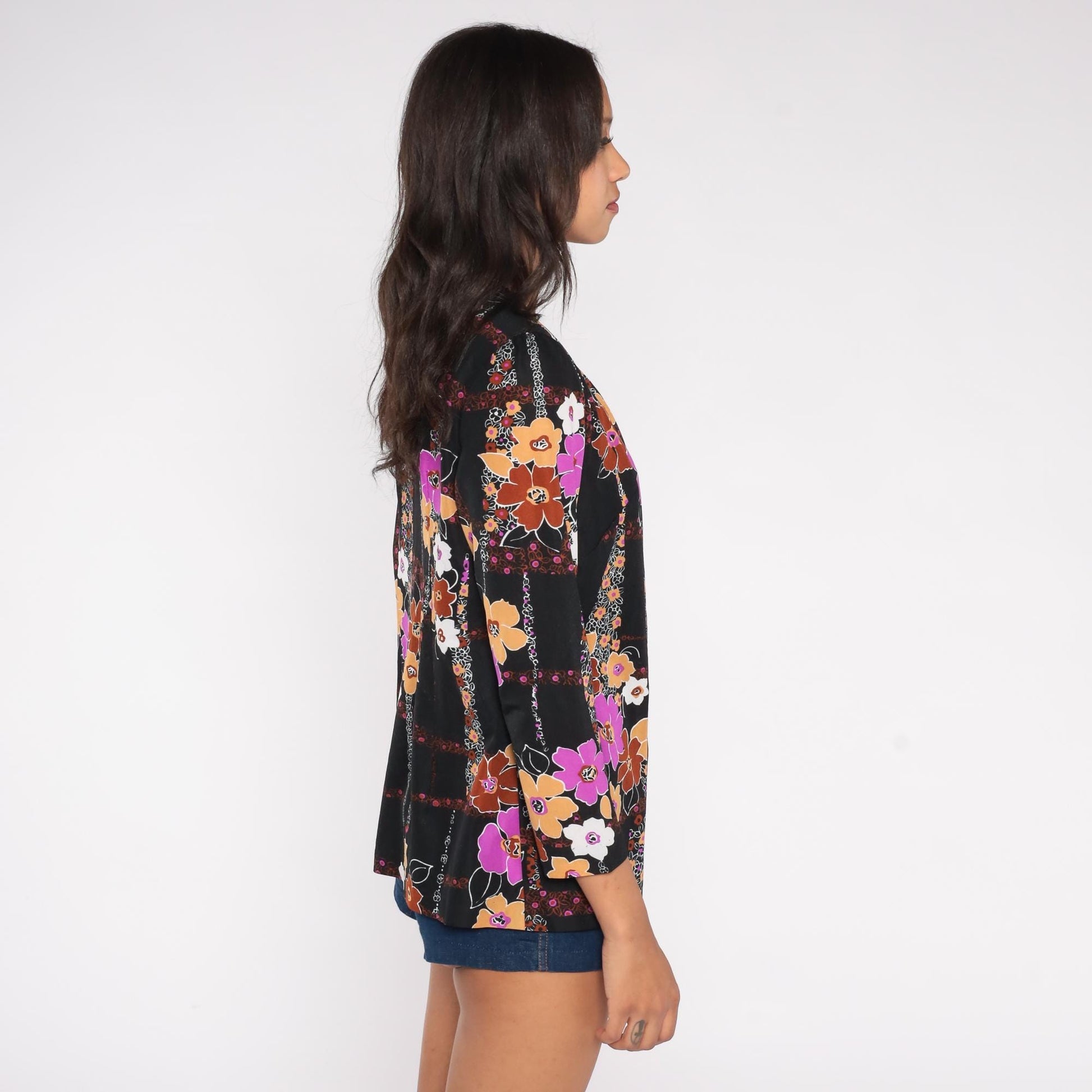 70s Floral Blazer Black Pink Orange Brown Flowers Open Front Small