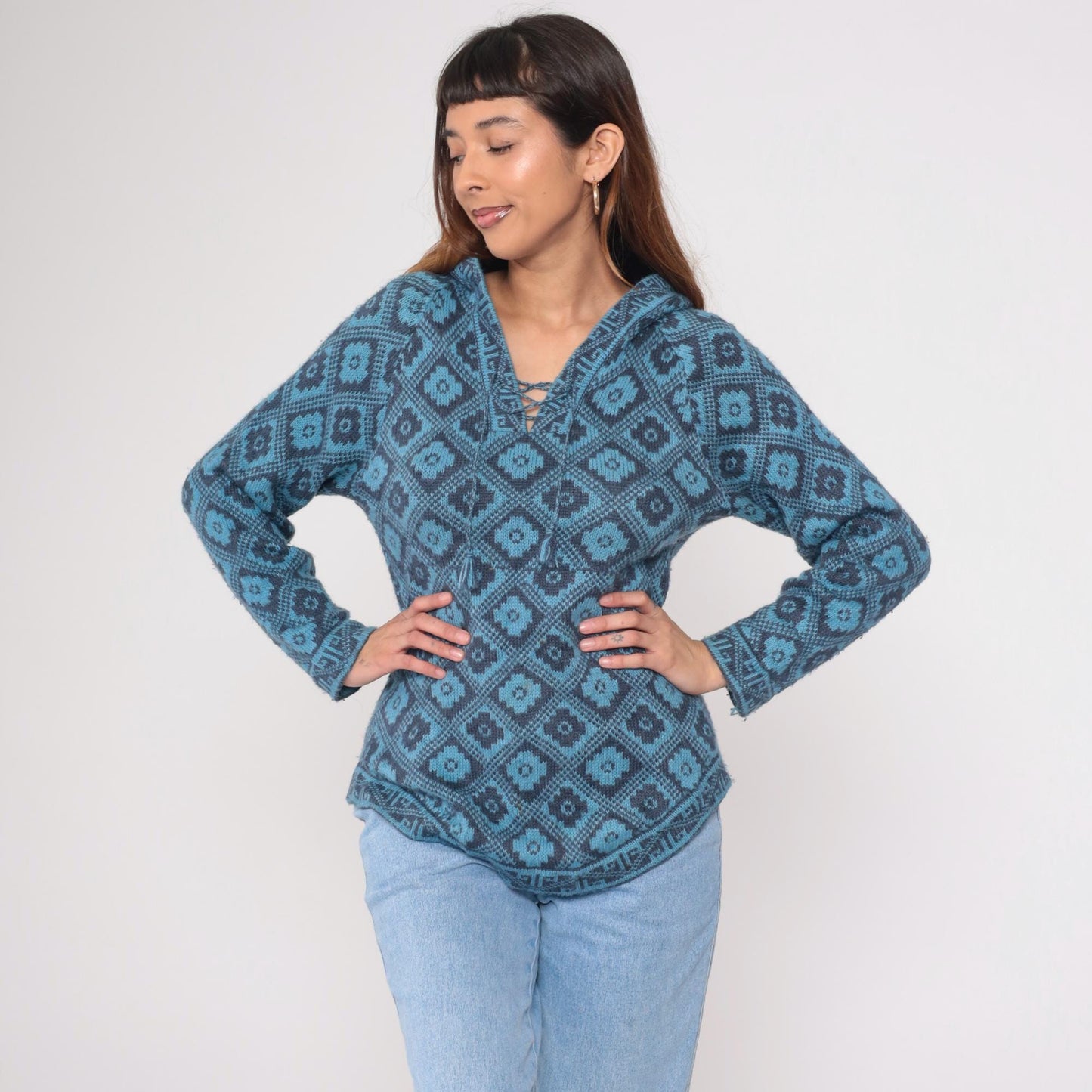 Y2K Slate Blue Geometric Southwest Hoodie Pullover Knit Medium M