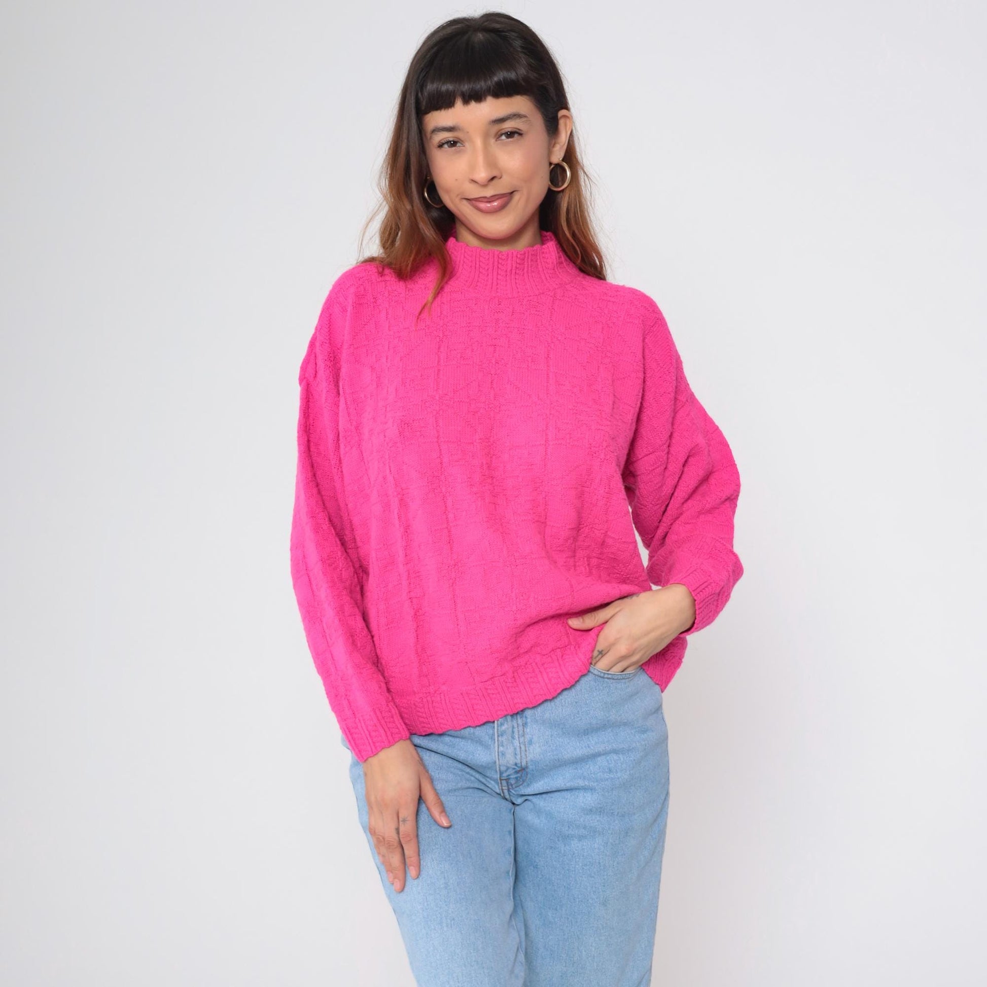 90s Hot Pink Mock Neck Sweater Textured Geometric Knit Medium M