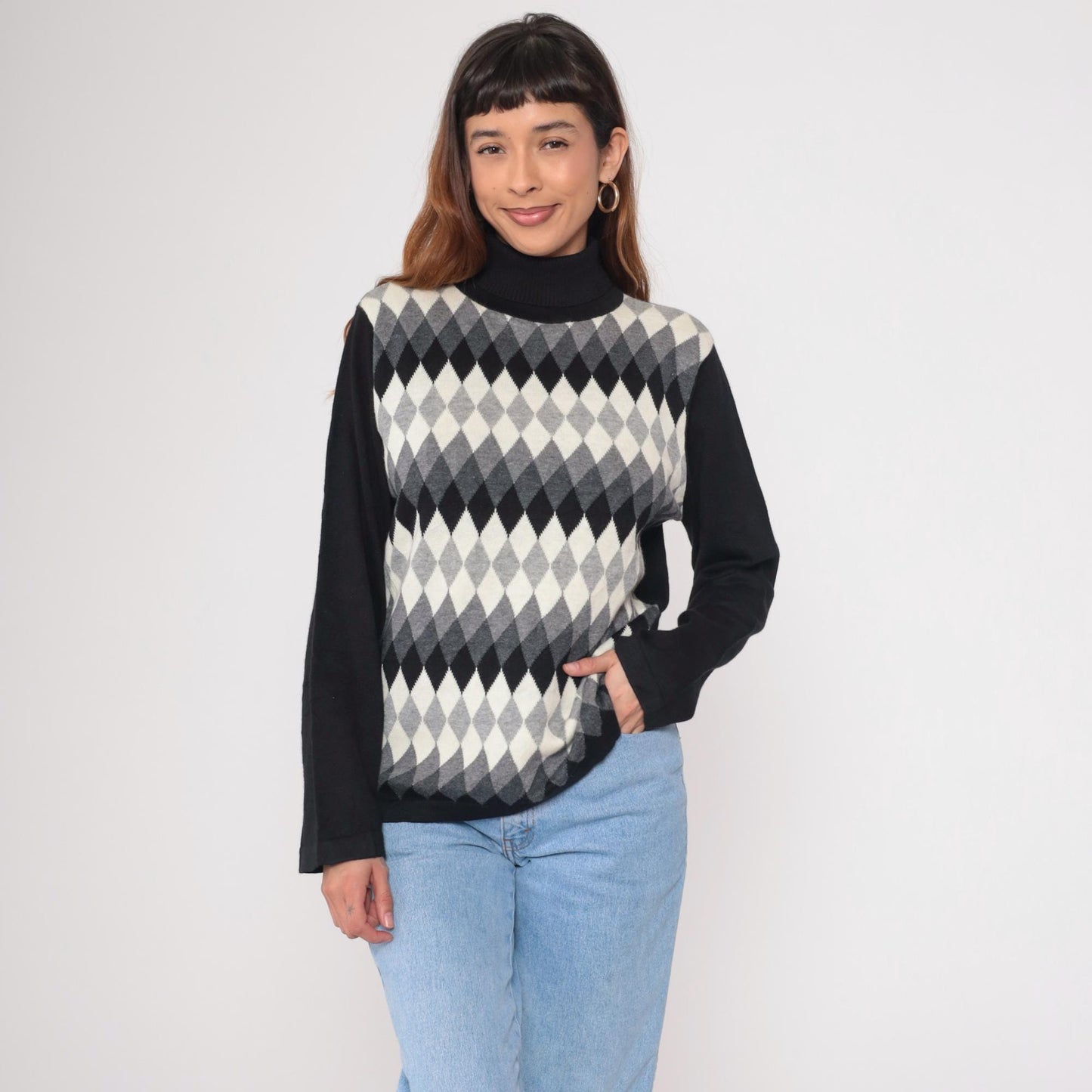 Y2K Argyle Turtleneck Sweater Black White Grey Diamond Knit Large L
