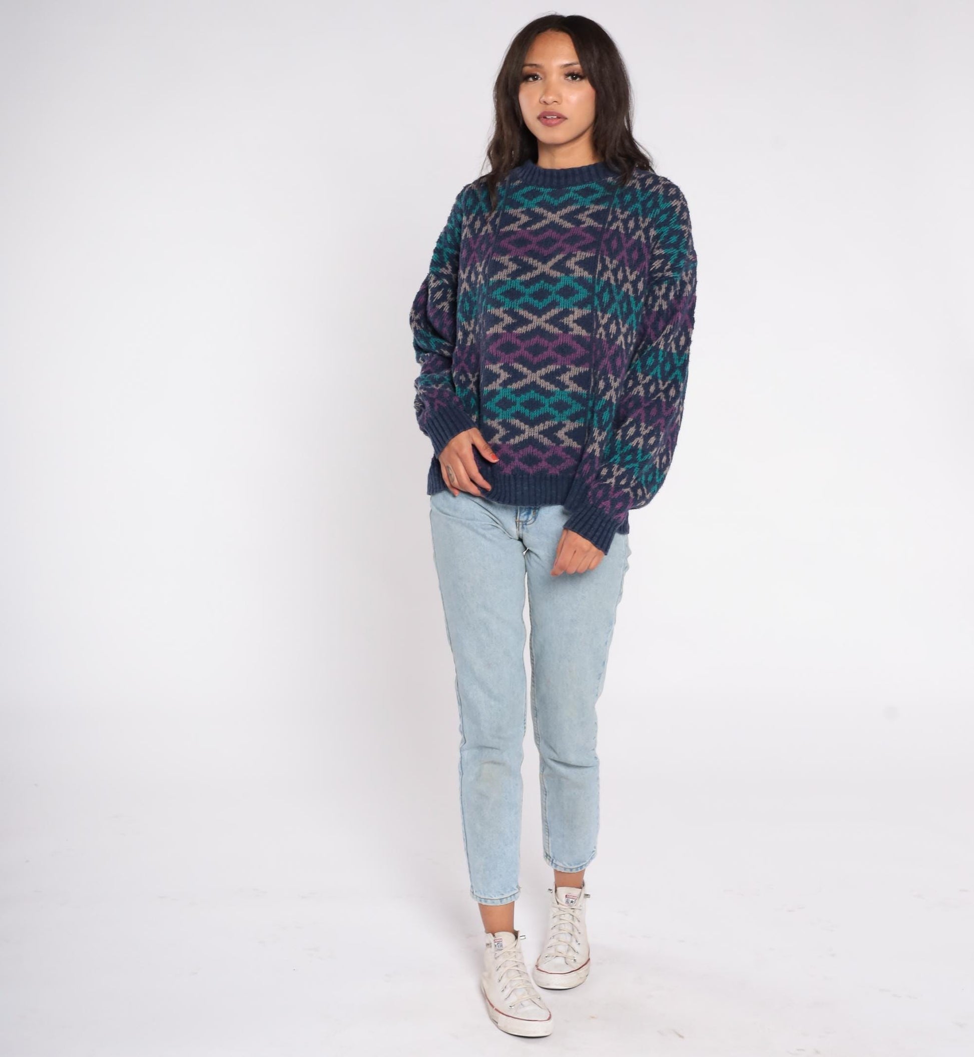 90s Patrick James Geometric Diamond Sweater Navy Teal Purple Cotton XL