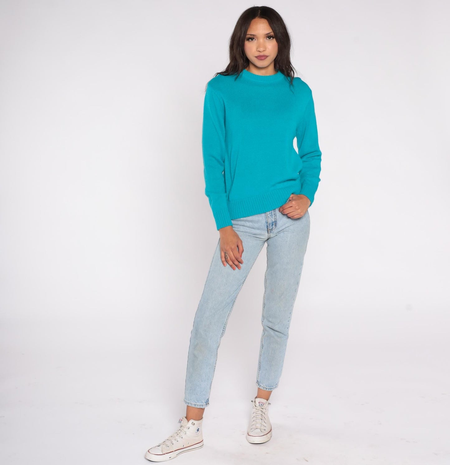 80s Turquoise Acrylic Crew Neck Sweater Knit Pullover Large L