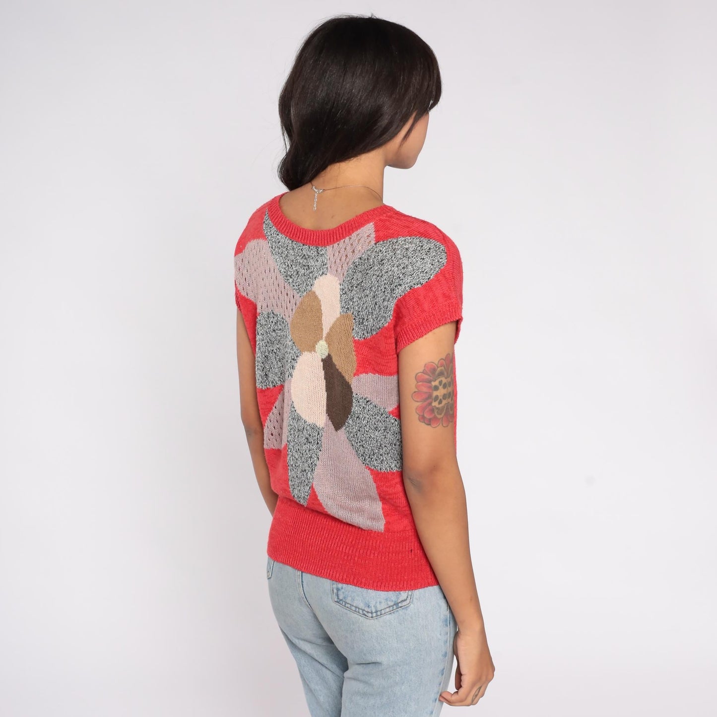 80s Red Knit Top Floral Graphic Open Weave Short Sleeve Small