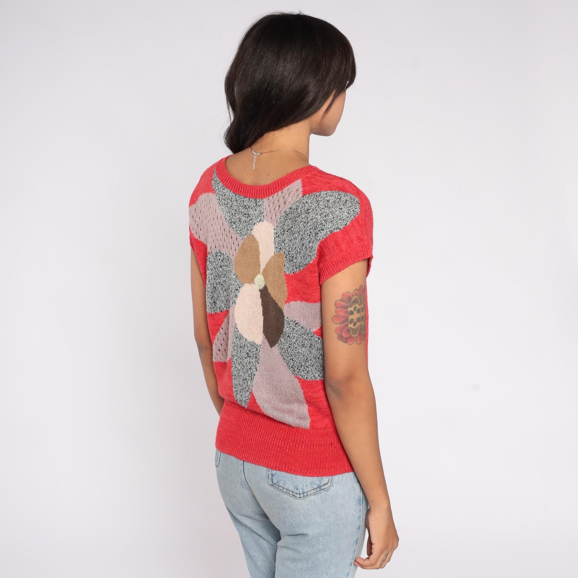 80s Red Knit Top Floral Graphic Open Weave Short Sleeve Small