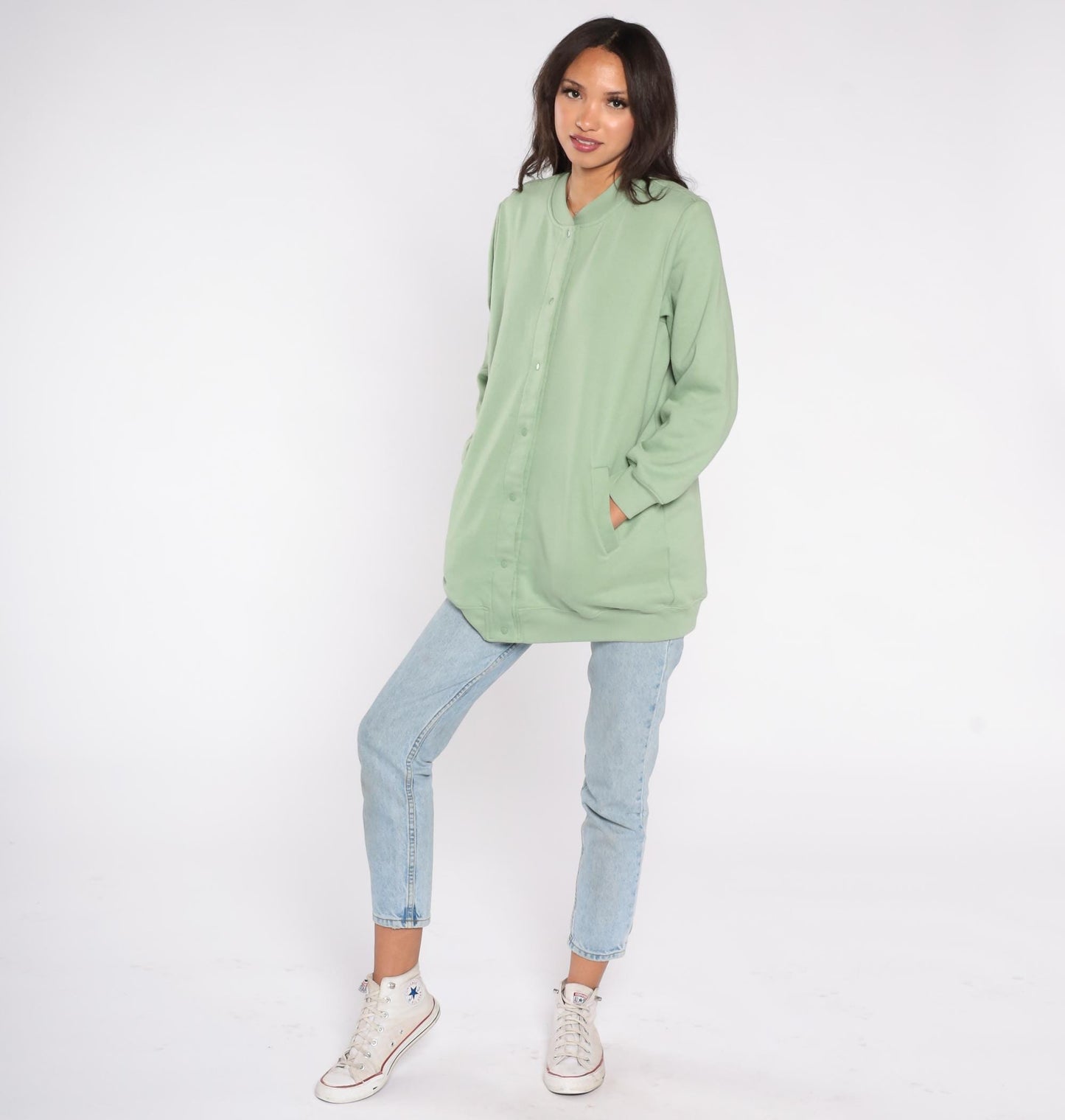 90s Only Necessities Sage Green Snap Button Sweatshirt Jacket Medium M