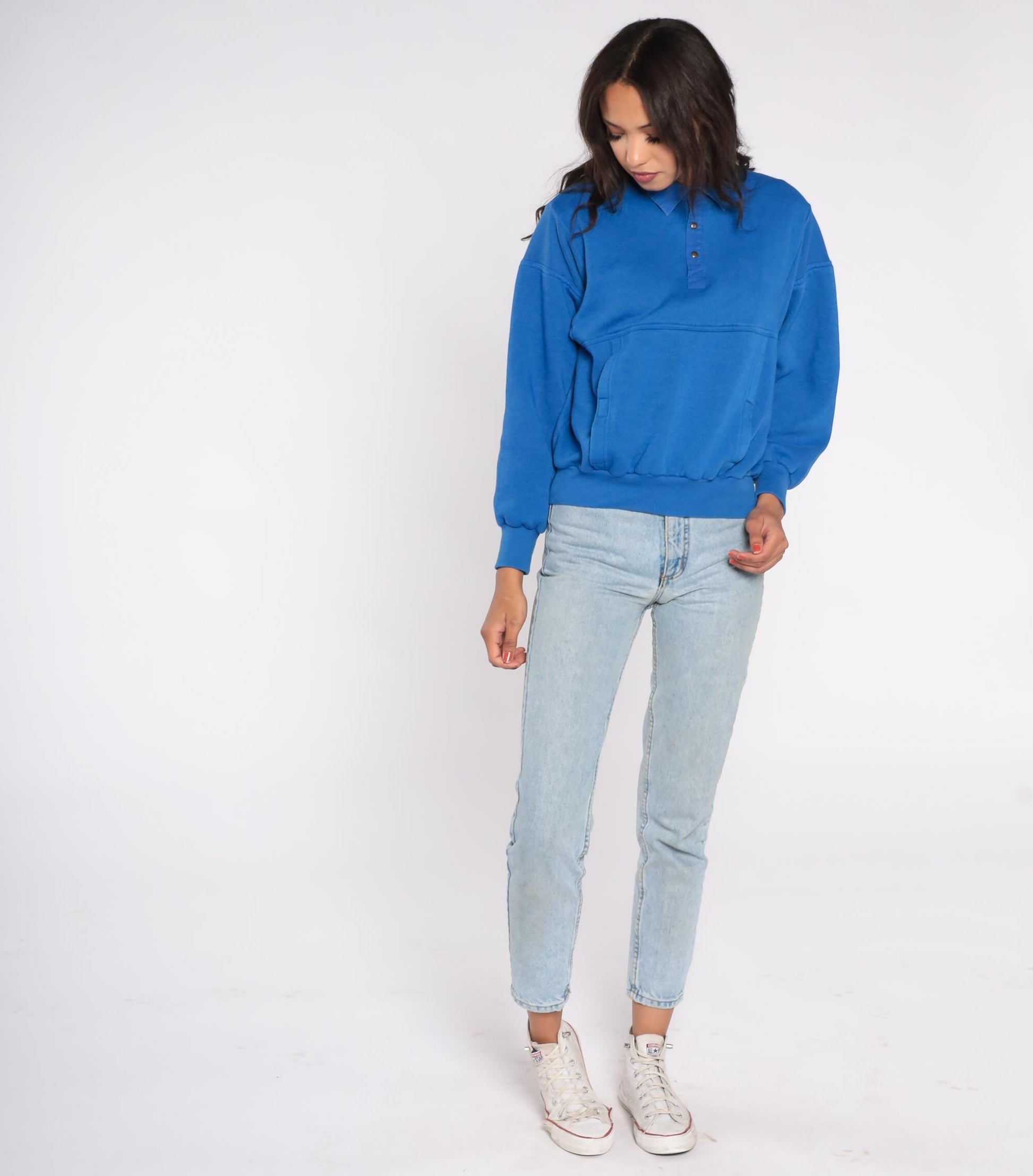 90s Trader Bay Blue Polo Sweatshirt Snap Front Fleece Lined Small S
