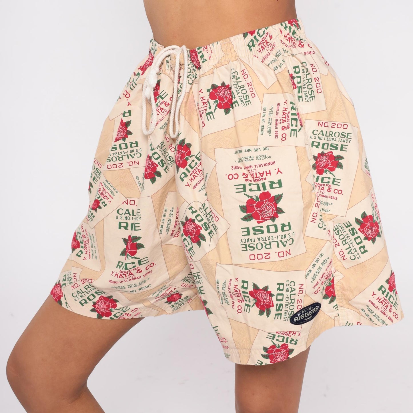 90s Calrose Rice Sack Shorts Y. Hata Honolulu Rose Print Drawstring Medium