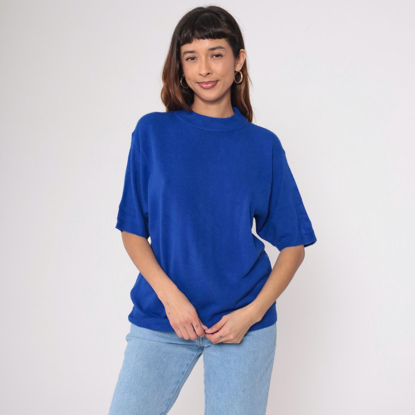 90s Royal Blue Crew Neck Short Sleeve Knit Sweater Large L