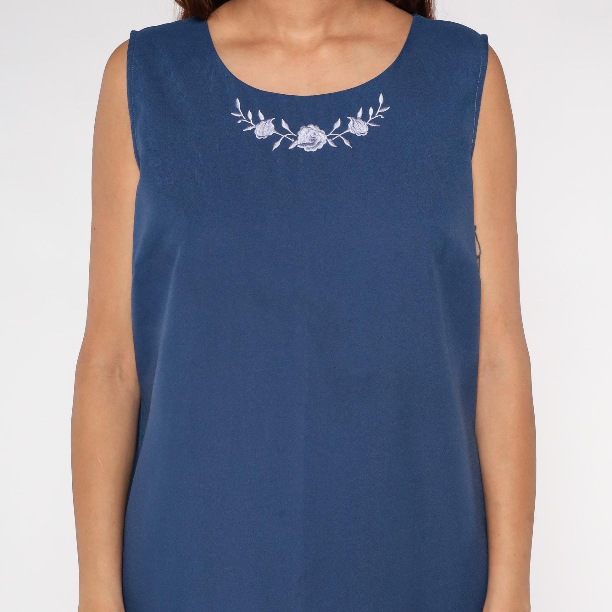90s BFA Classics Navy Maxi Dress Embroidered Floral Neckline Sleeveless Extra Large XL