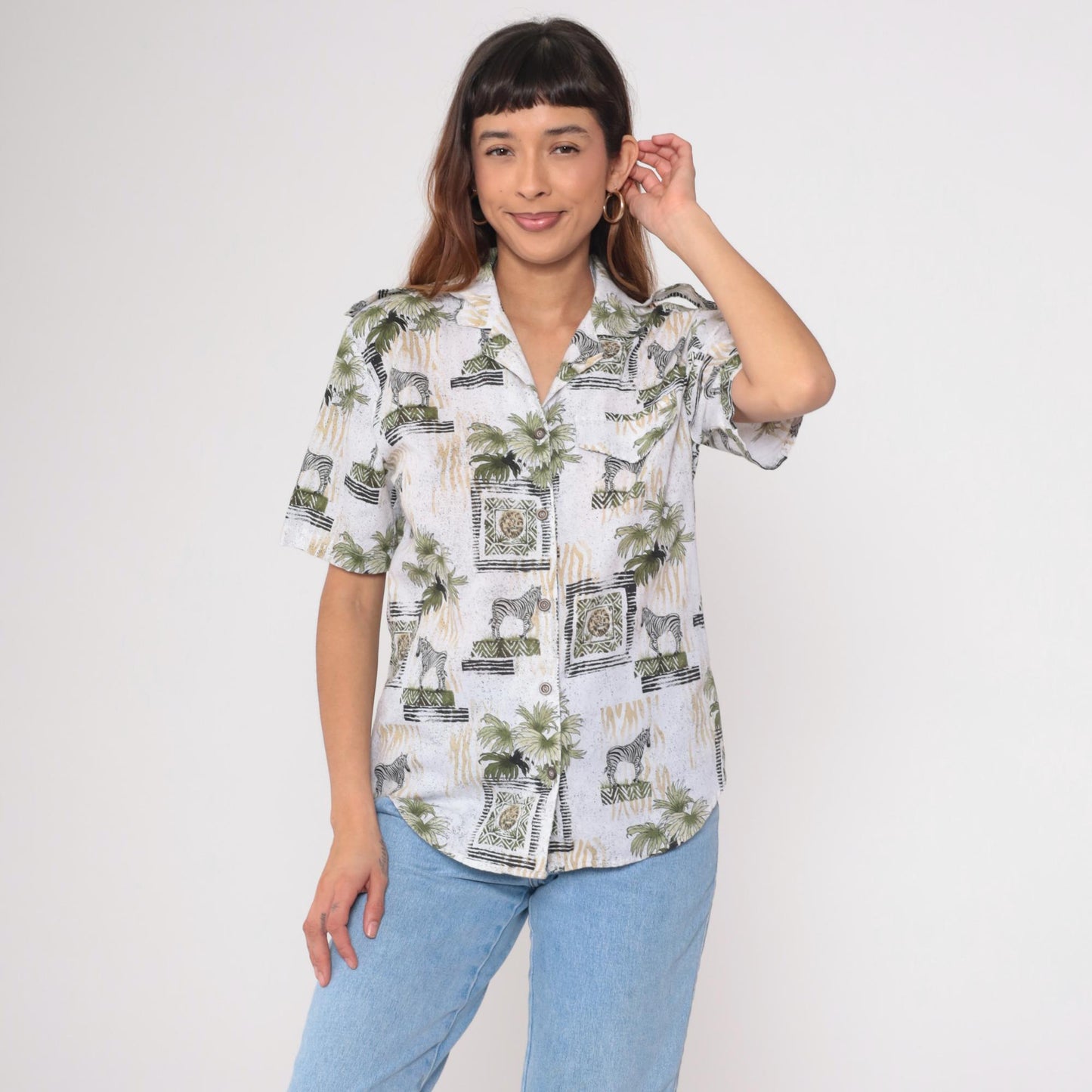 90s Safari Animal Print Button Down Shirt Zebra Lion Palm White Small