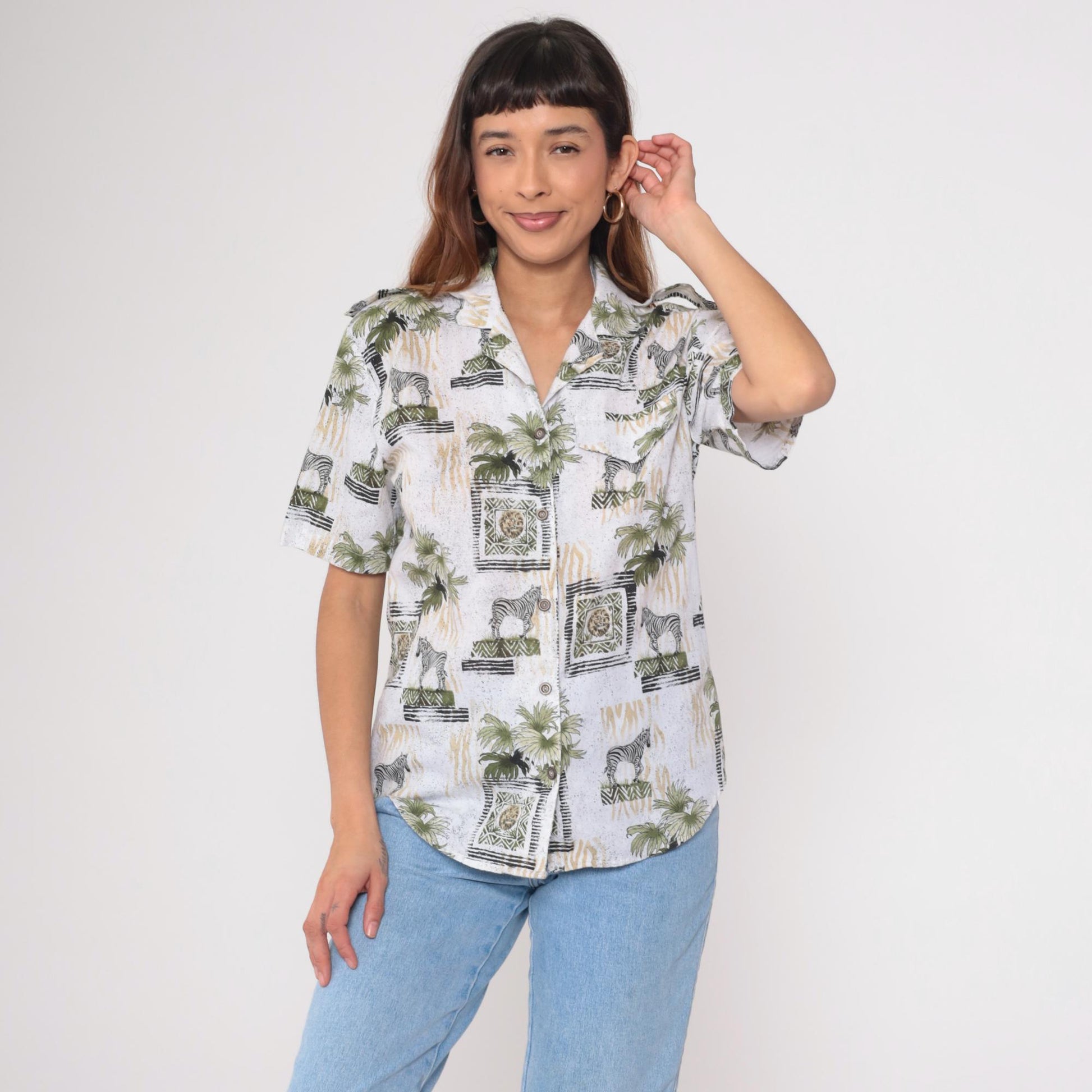90s Safari Animal Print Button Down Shirt Zebra Lion Palm White Small