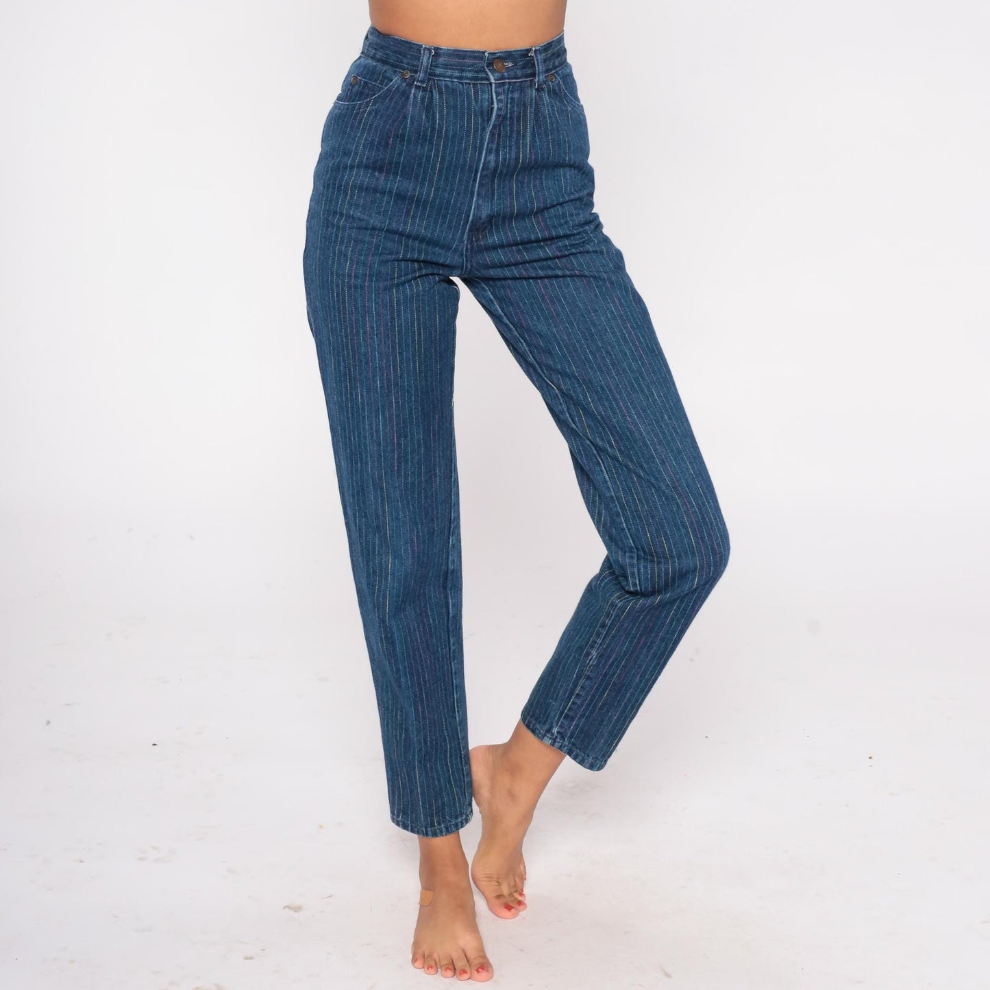 90s Rainbow Pinstripe High Waist Jeans Blue Multicolor Mom Denim Small S