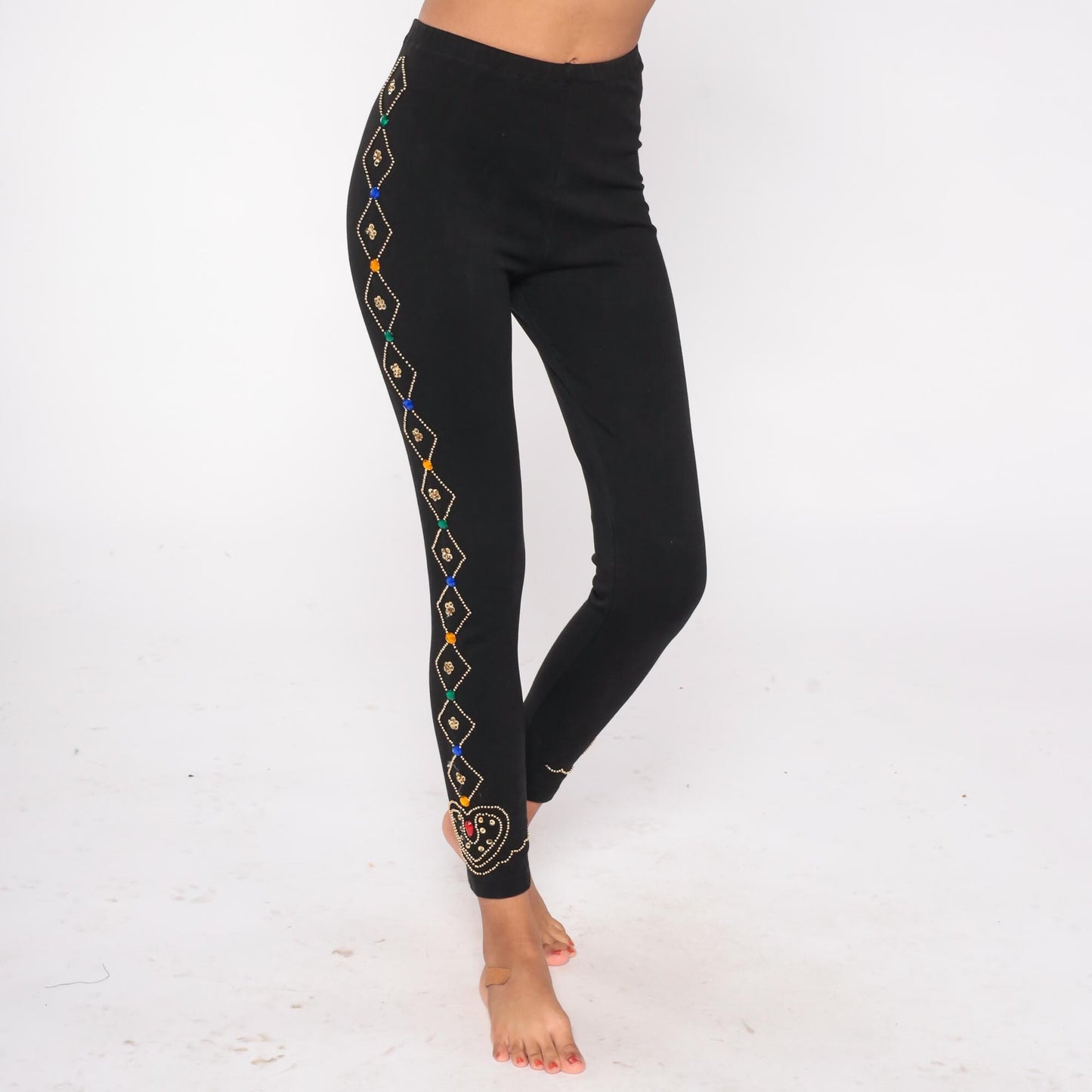 90s Contempo Casuals Black Beaded Leggings Gold Gemstone High Waist Medium M