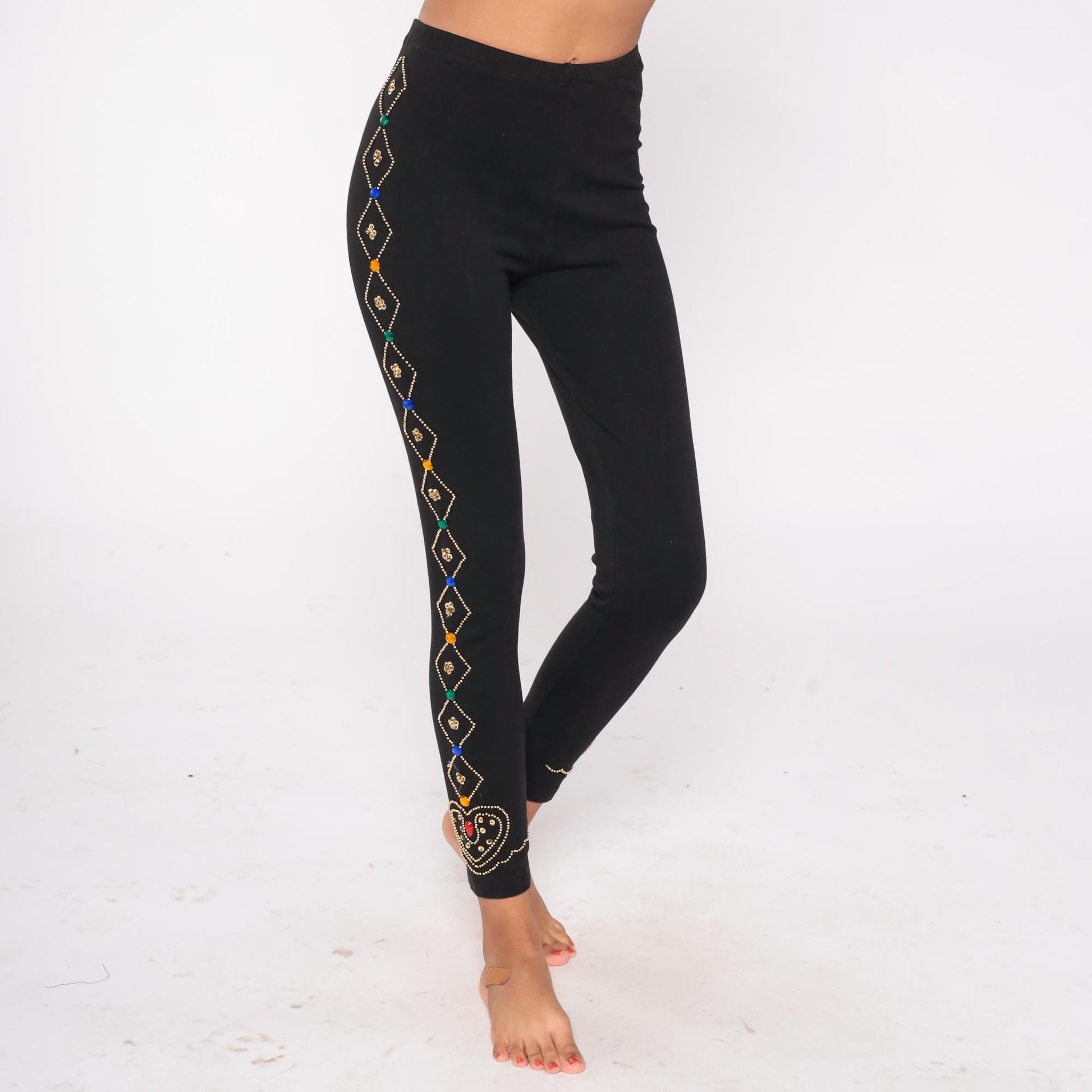 90s Contempo Casuals Black Beaded Leggings Gold Gemstone High Waist Medium M