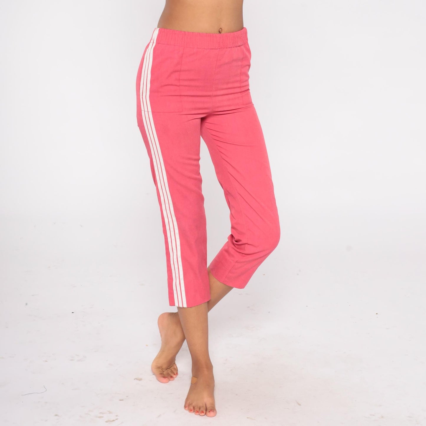 80s Sears Coral Pink Track Pants Capri White Side Stripe Extra Small XS