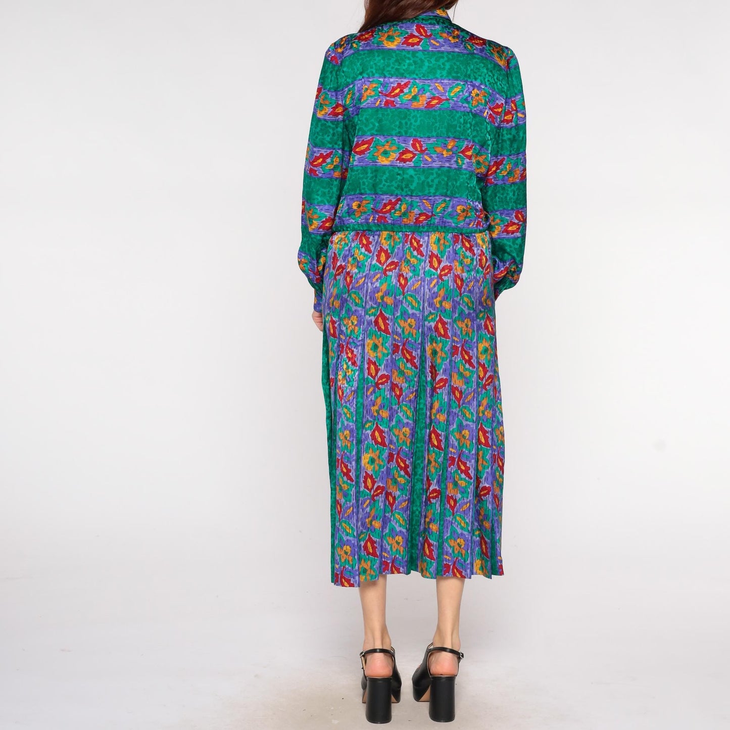 80s Adrianna Papell Silk Midi Dress Floral Print Collared Long Sleeve Medium