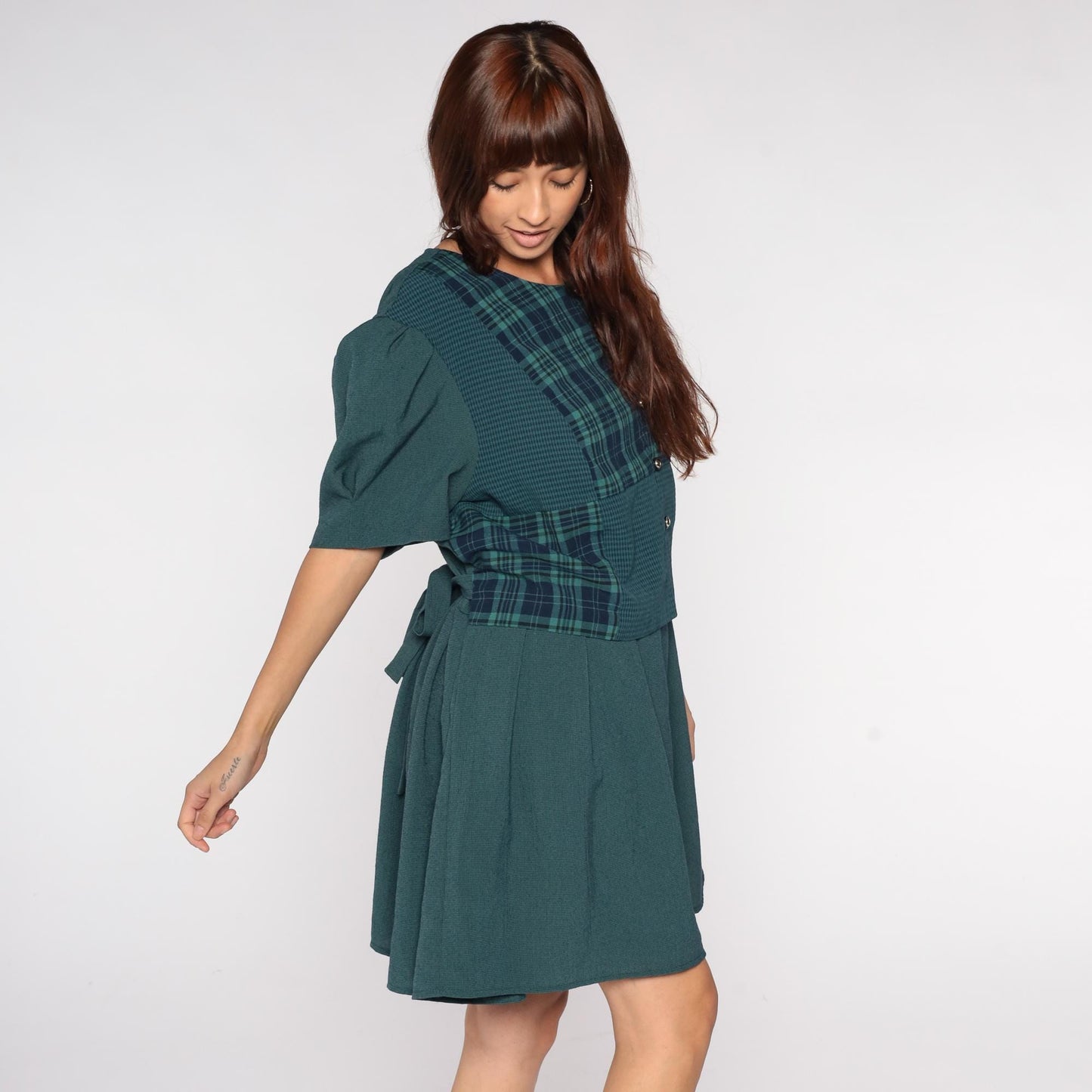 90s Lady Dorby Plaid Mini Dress Forest Green Navy Tie Back Plus Size 22W