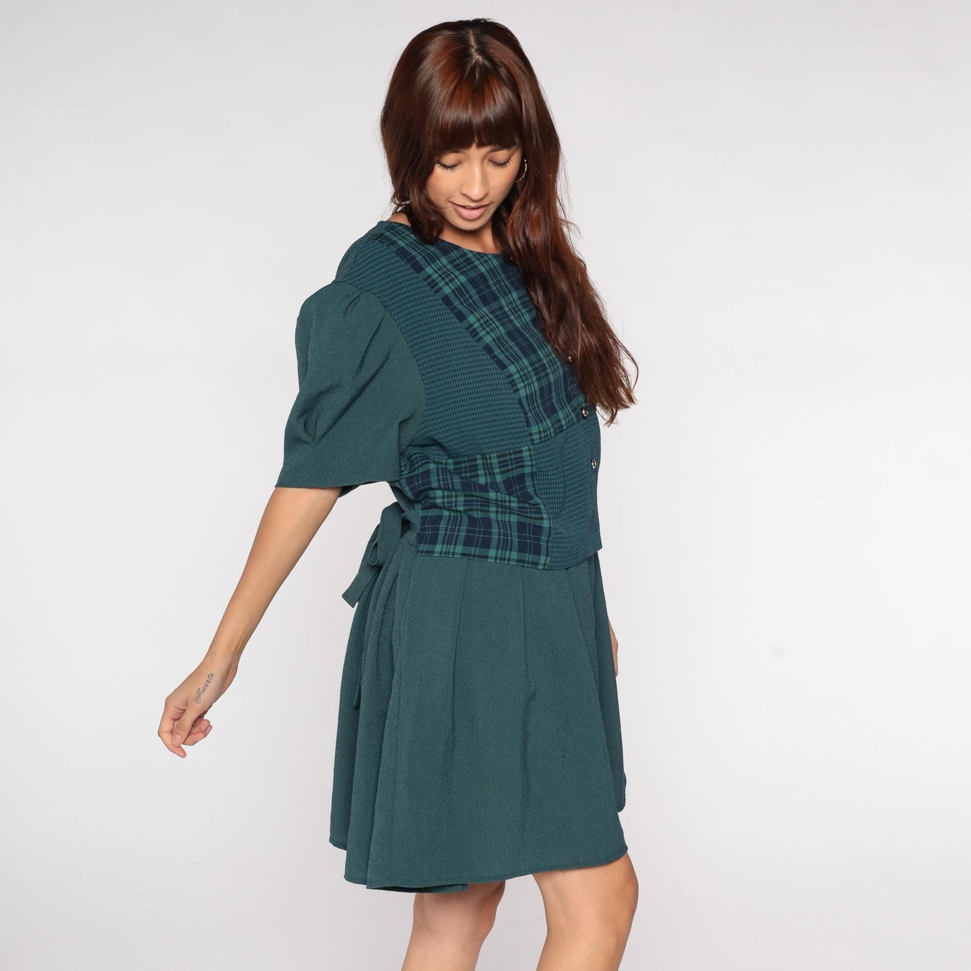 90s Lady Dorby Plaid Mini Dress Forest Green Navy Tie Back Plus Size 22W