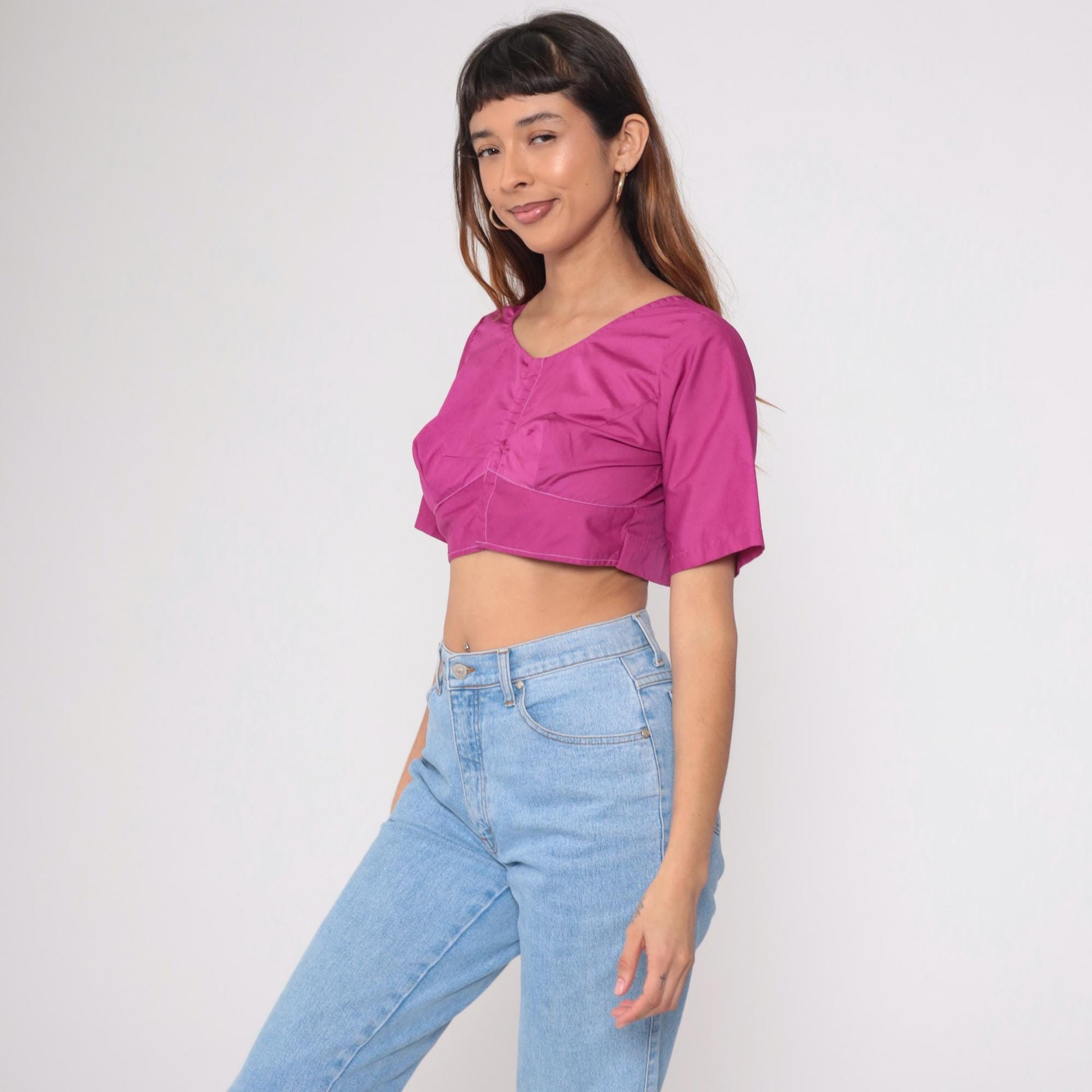 Y2K Magenta Crop Top V-Neck Choli-Inspired Blouse Small S