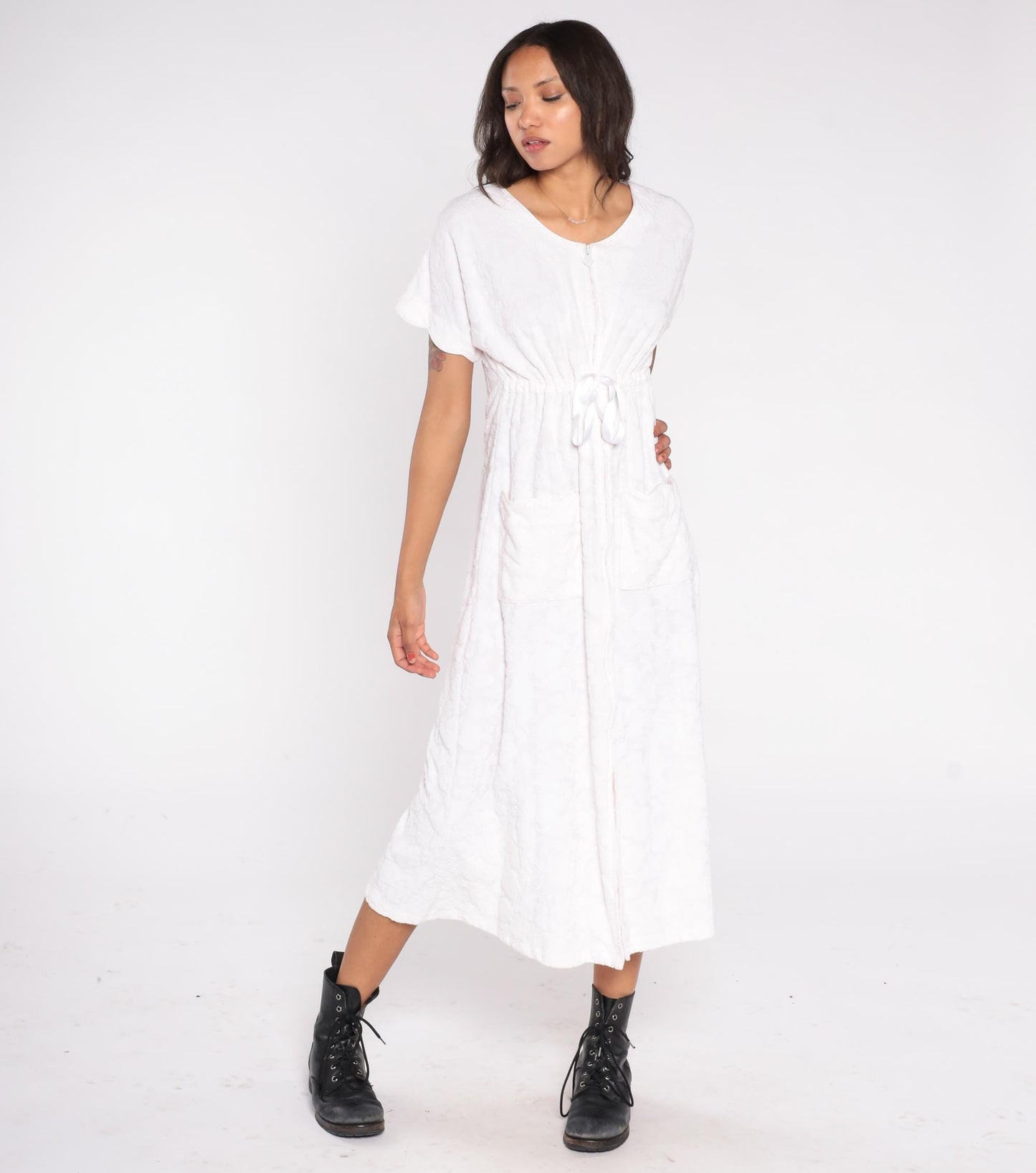 90s Eileen West Blush Pink Cotton Midi Dress Small Pockets
