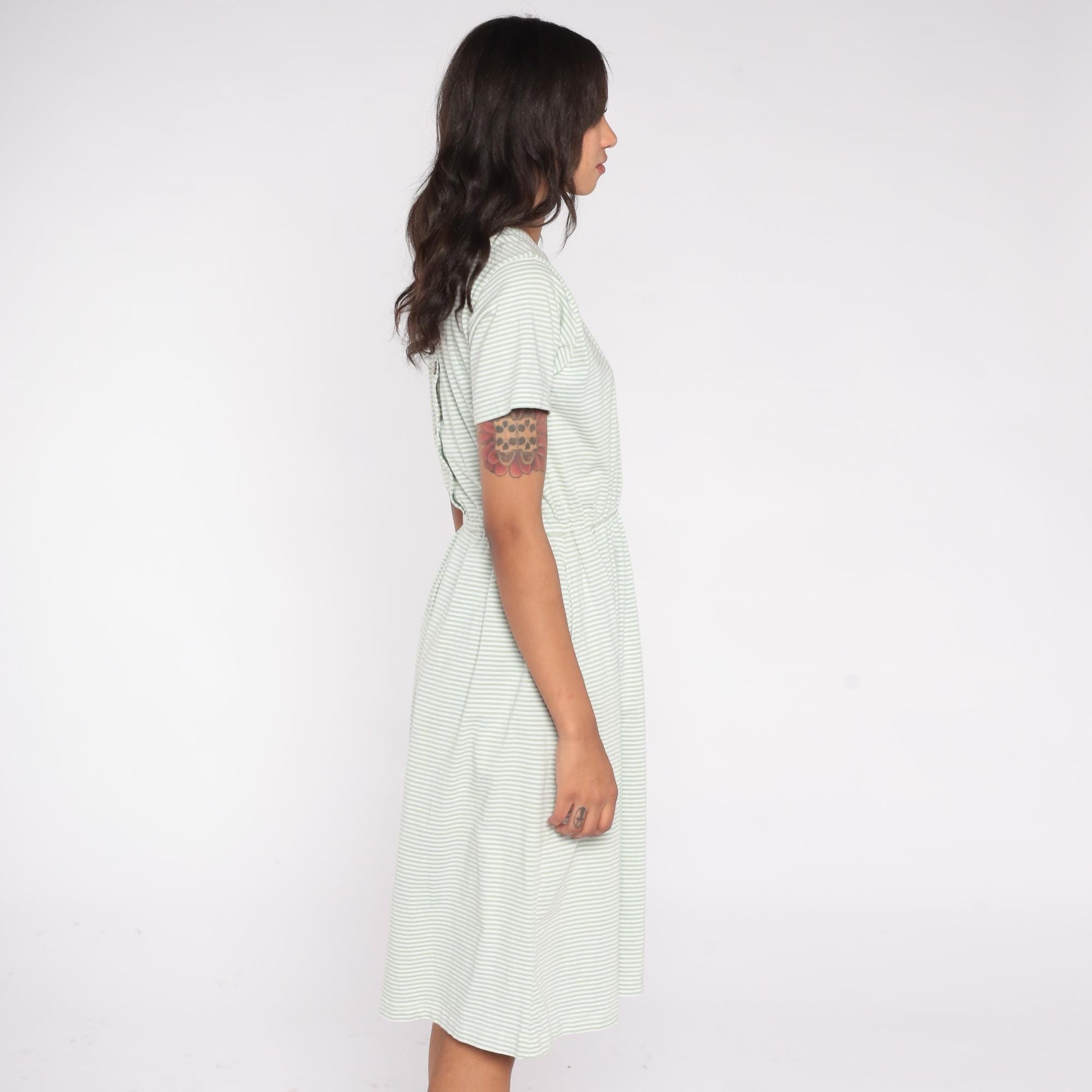 80s Herman Geist Mint Striped Cotton Dress Elastic Waist Button Back Small