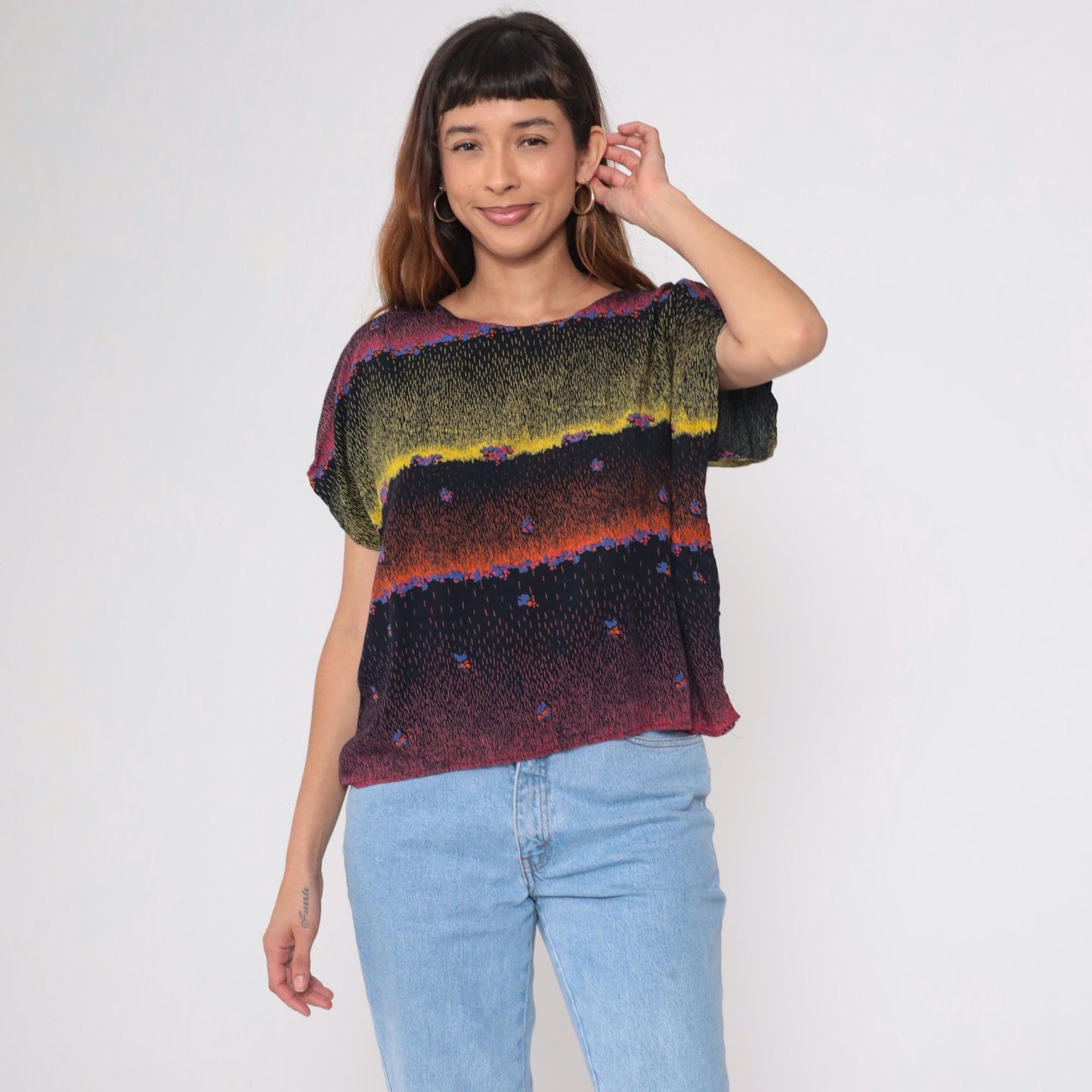 90s Abstract Multicolor Rayon Blouse Short Dolman Sleeves Small Medium