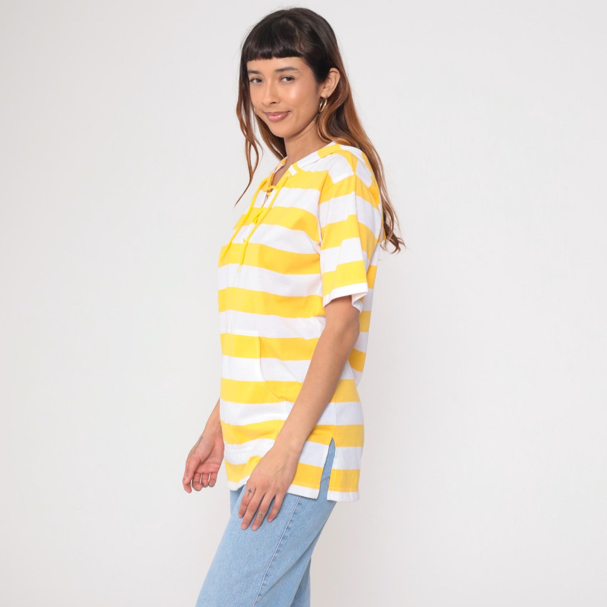 90s Yellow White Striped Short Sleeve Hooded Shirt Lace-Up V-Neck Small