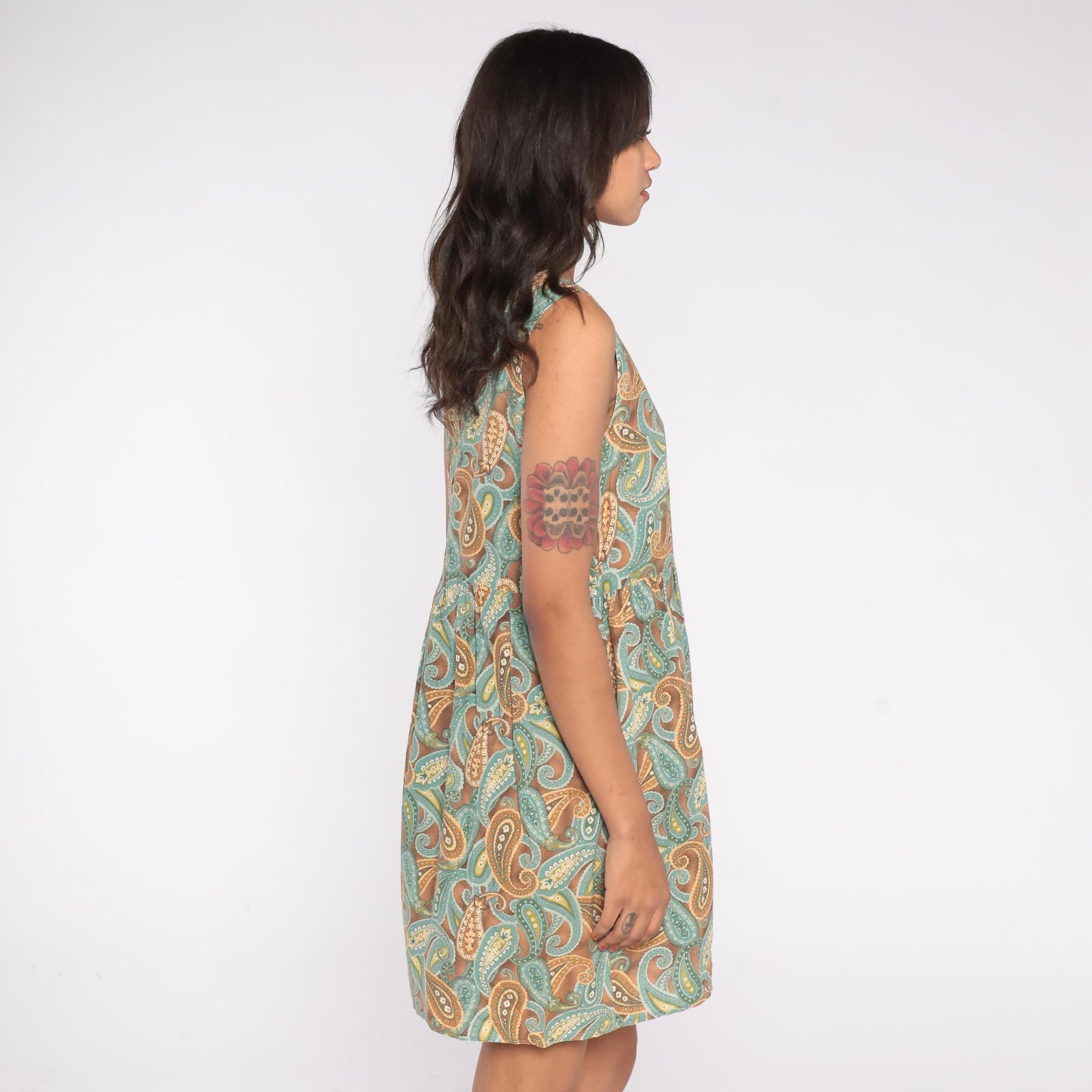 90s Paisley Mini Dress Brown Teal Gold Button Front Scoop Neck Medium M