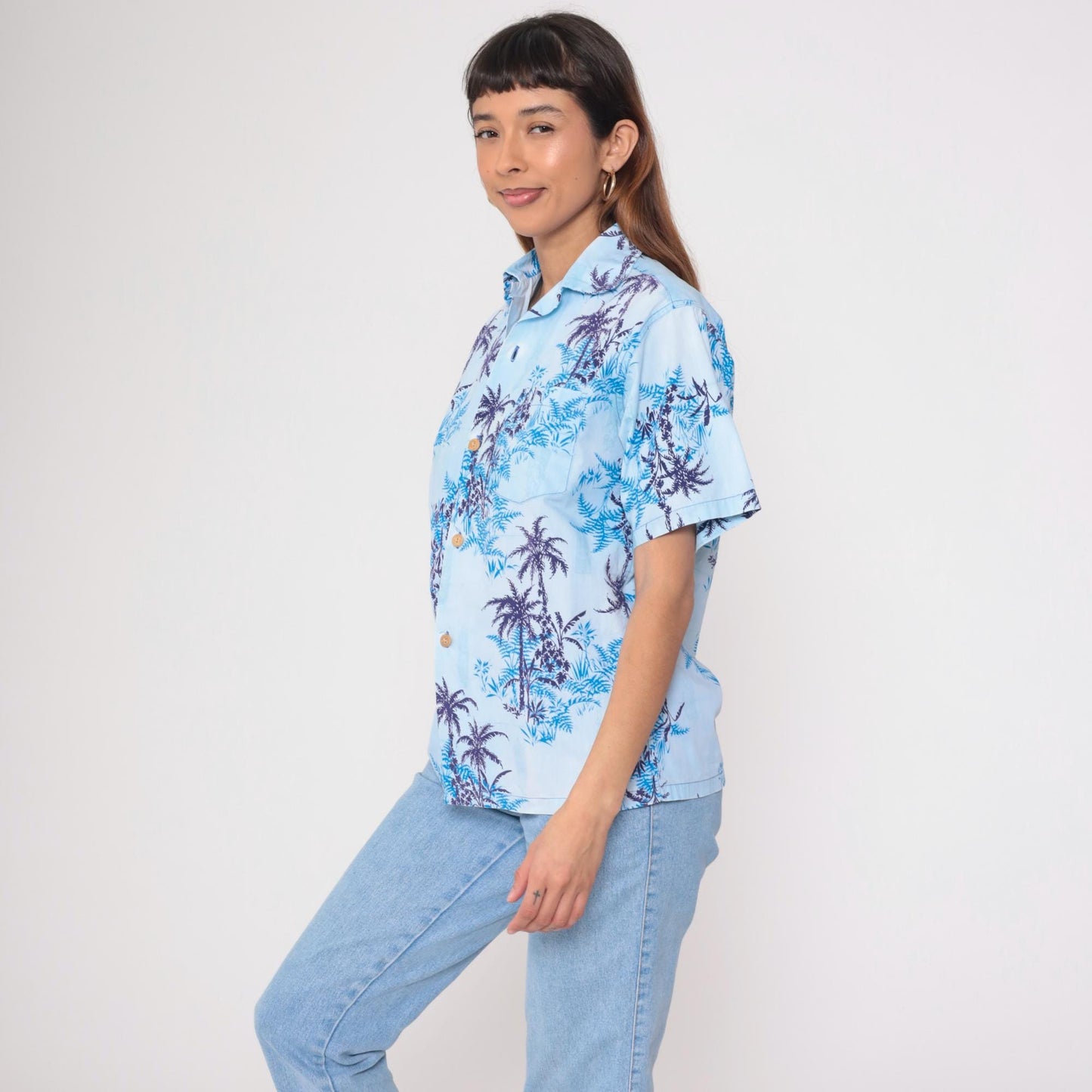 70s Tropicana Hawaiian Shirt Blue Palm Tree Fern Camp Collar Medium