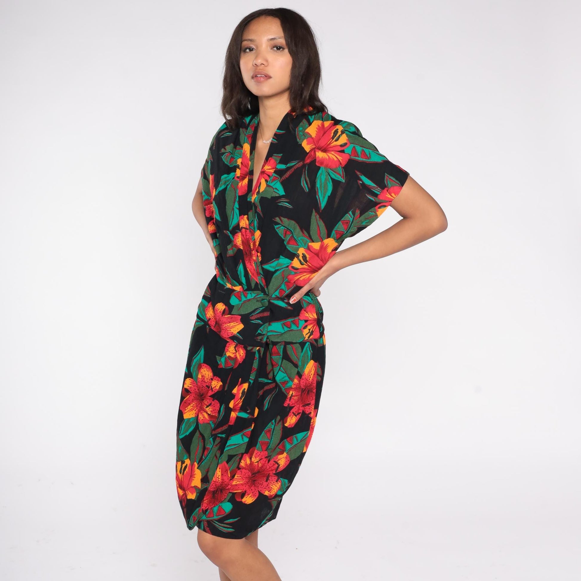 90s Casual Corner Tropical Floral Midi Wrap Dress Black Red Orange Green Medium