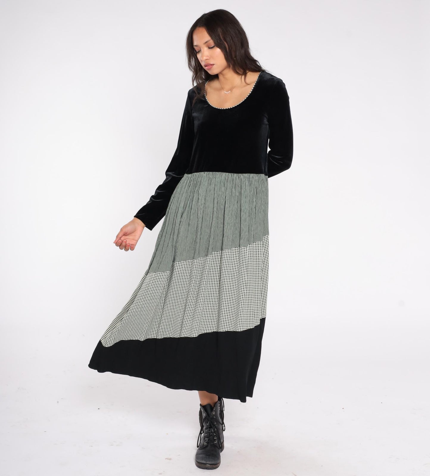 90s Jeffrey & Dara Velvet Gingham Midi Dress Black Green Pleated Long Sleeve Medium