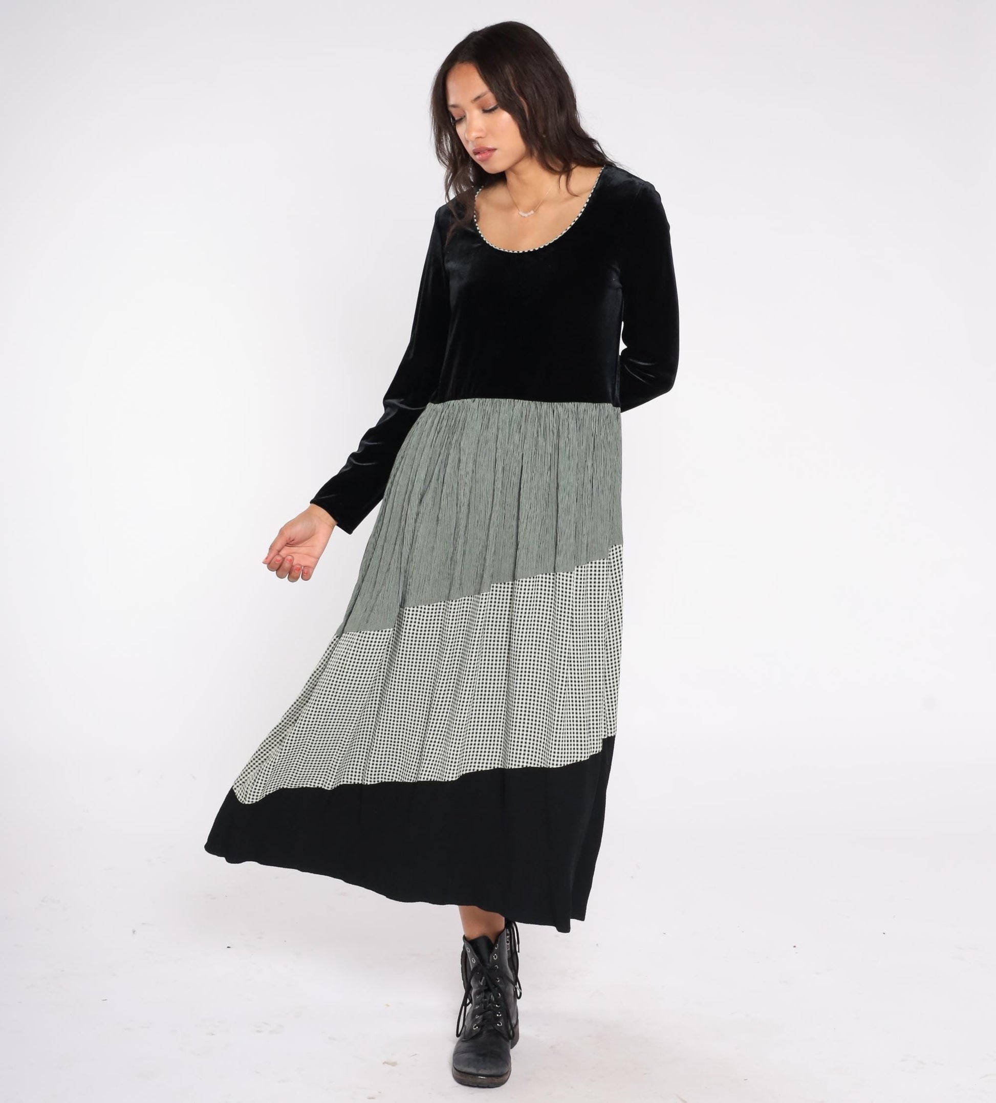 90s Jeffrey & Dara Velvet Gingham Midi Dress Black Green Pleated Long Sleeve Medium