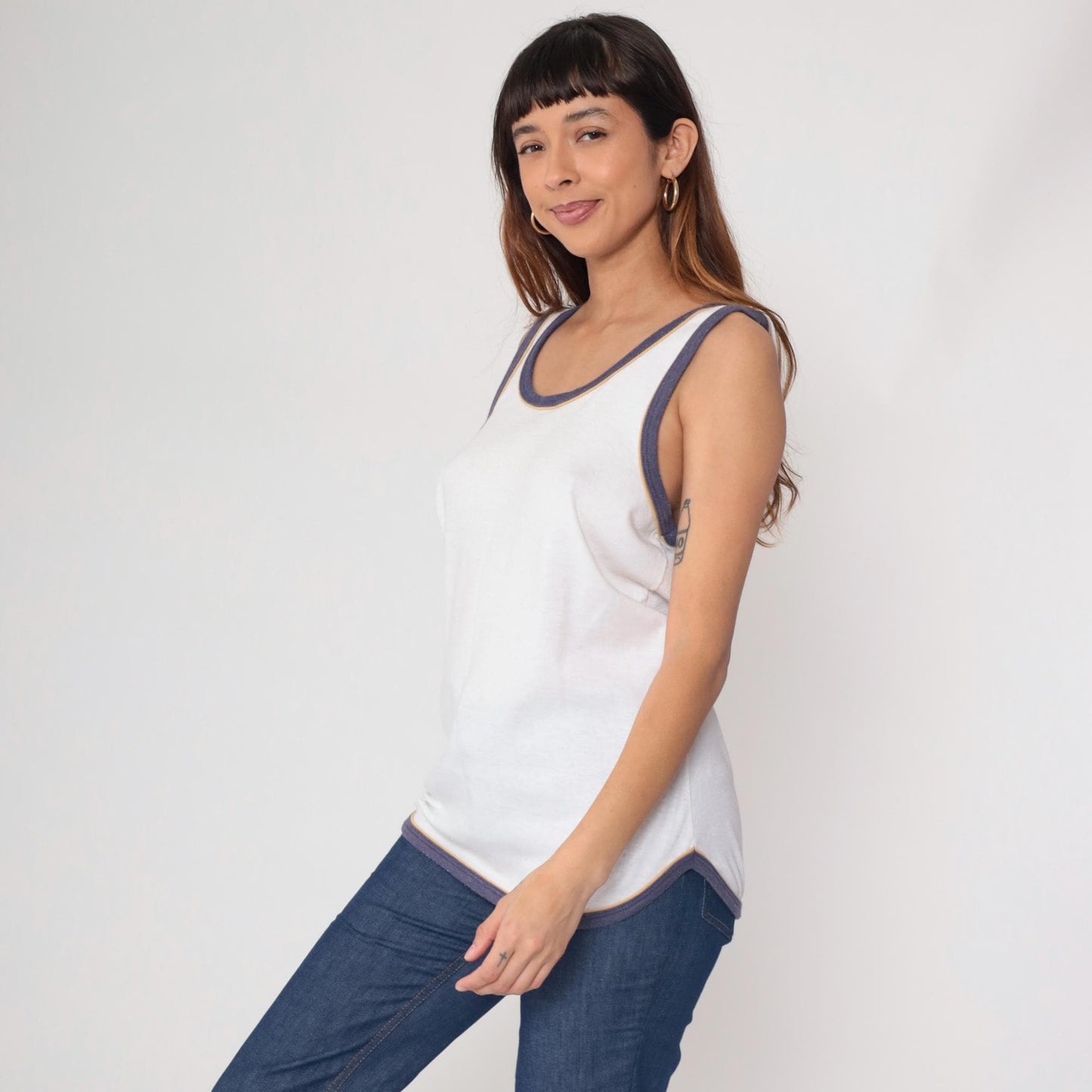 80s Laguna White Cotton Tank Top Navy Ringer Trim Scoop Neck Large L