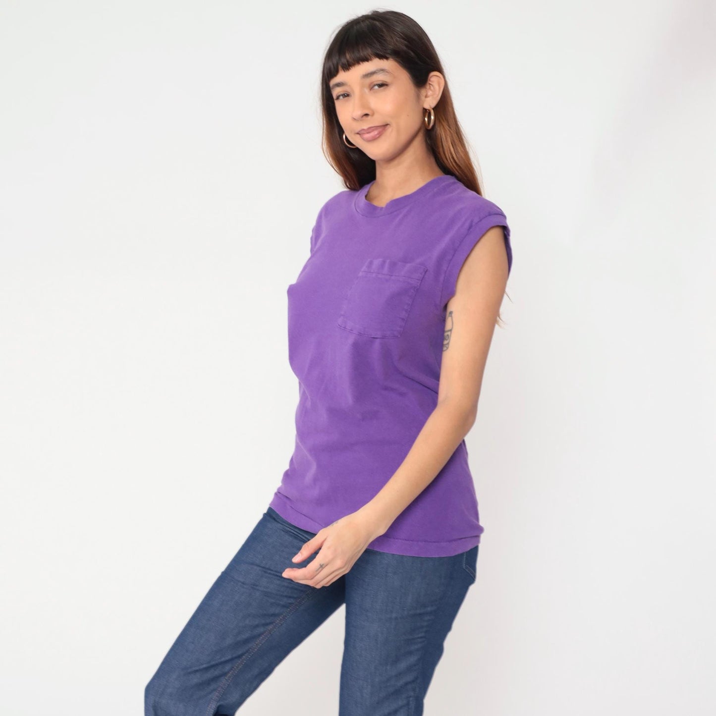 90s Fruit of the Loom Purple Muscle Tee Cotton Pocket Crewneck Medium M