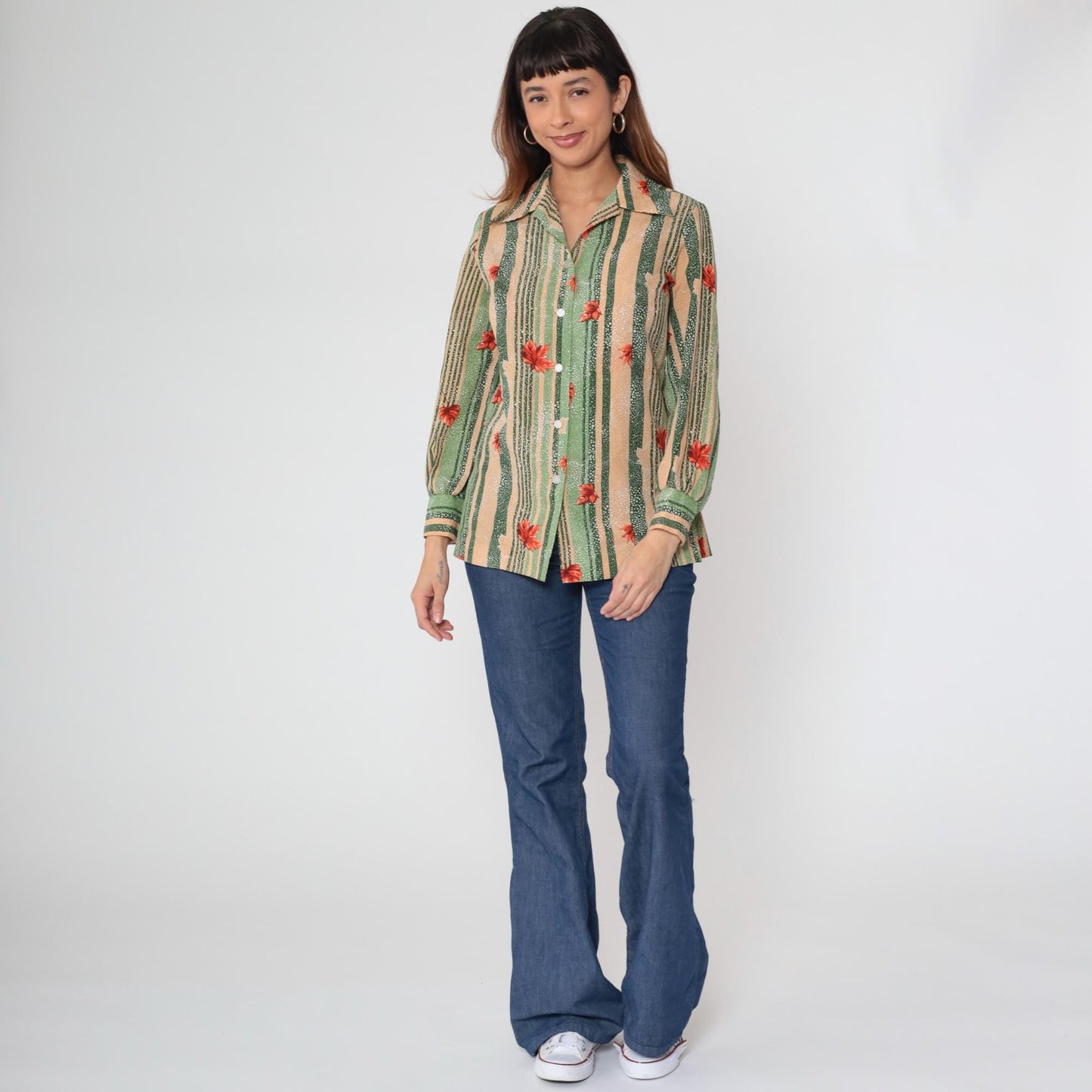 70s Pykettes Maple Leaf Striped Button-Up Blouse Green Peach Medium M