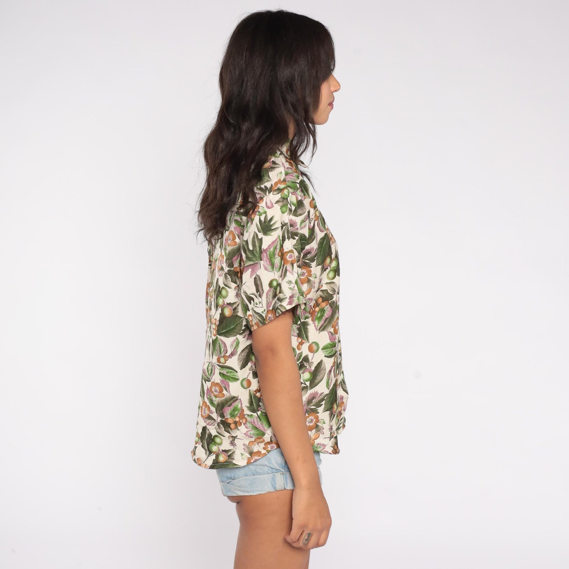 70s Botanical Print Button Down Shirt Cream Green Orange Brown Floral Large L