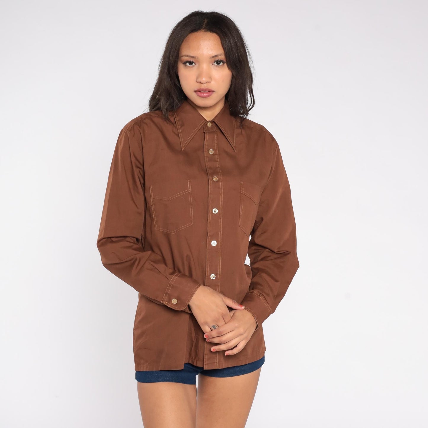 70s JCPenney Chocolate Brown Button-Up Shirt Contrast Stitch Pointed Collar Medium