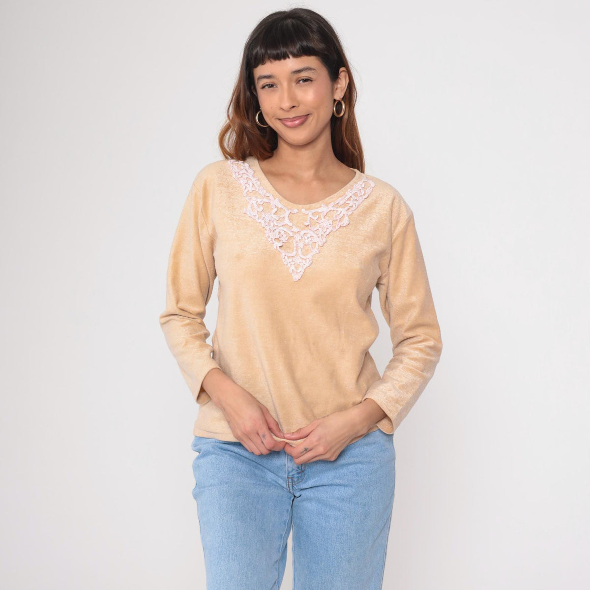70s Cream Lace Appliqué Pullover Sweater Pink Detail Round Neck Medium M