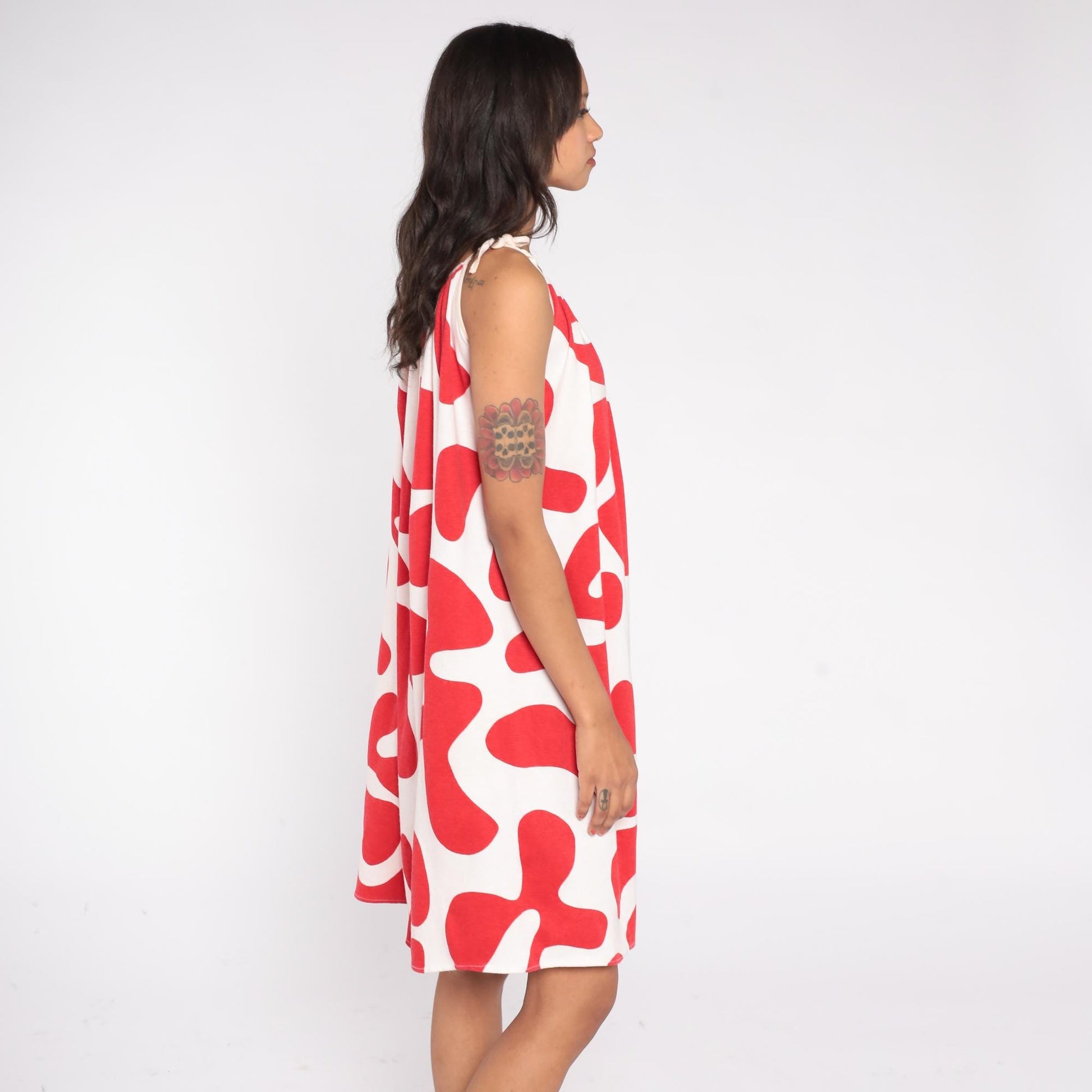 80s Abstract Red White Midi Dress Tie Shoulder Trapeze Sleeveless Small