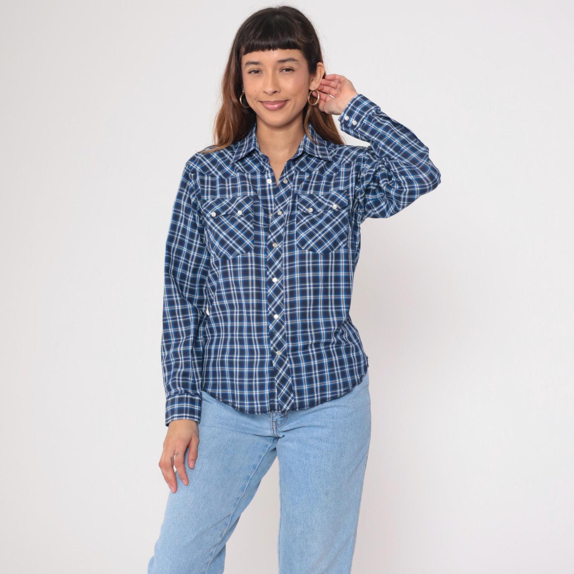 90s Rustler Blue Plaid Flannel Pearl Snap Shirt Medium