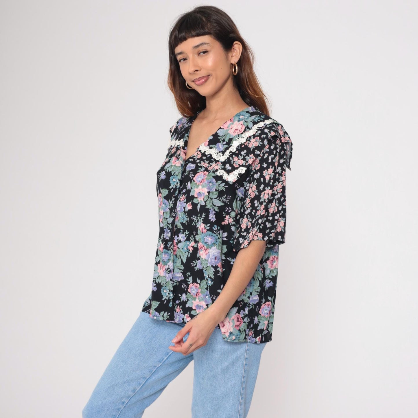 90s Liz Baker Floral Button Up Blouse Black Rayon Pink Purple Flowers Lace Collar Plus Size 20