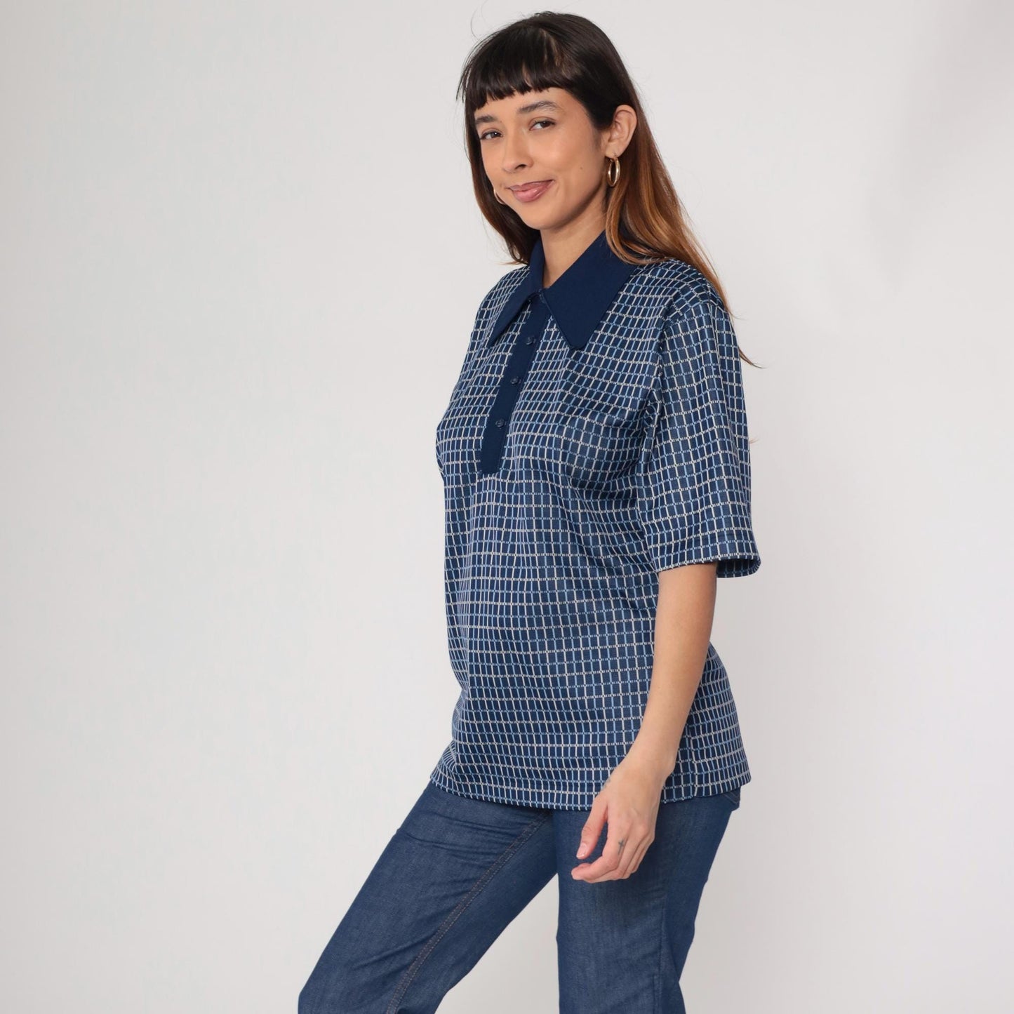 70s Leonardo Strassi Navy Grid Pattern Polo Shirt Short Sleeve Large L