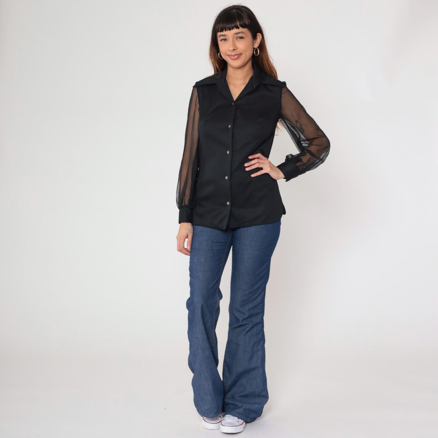 70s George Original California Black Chiffon Blouse Pointed Collar Long Sleeve Small
