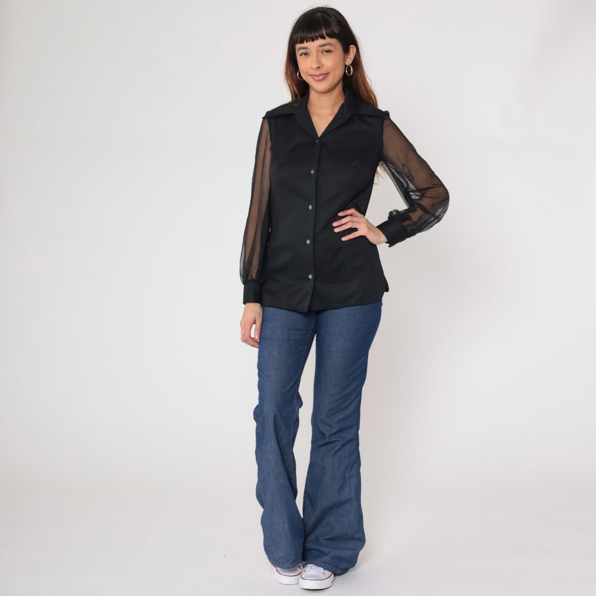 70s George Original California Black Chiffon Blouse Pointed Collar Long Sleeve Small