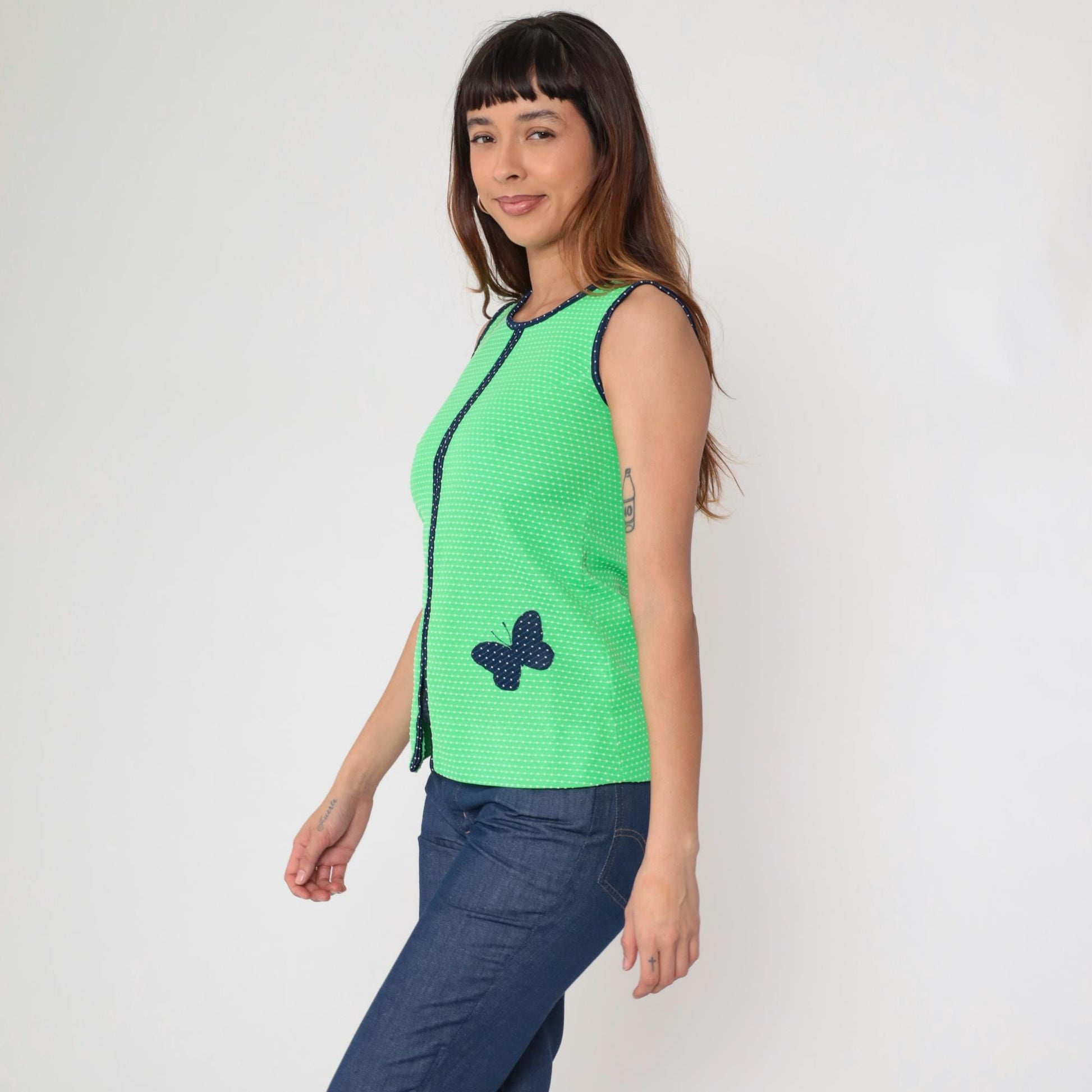 70s Green Butterfly Sleeveless Tank Top Polka Dot Knit Navy Trim Extra Small XS